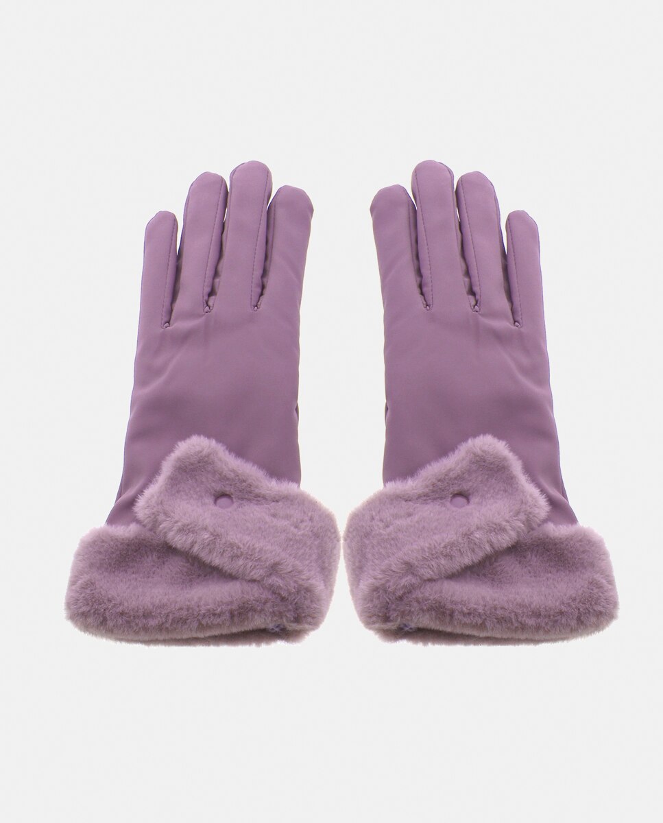 Luvas Lisas com Punho de Pelo - Preto Rosa-1
