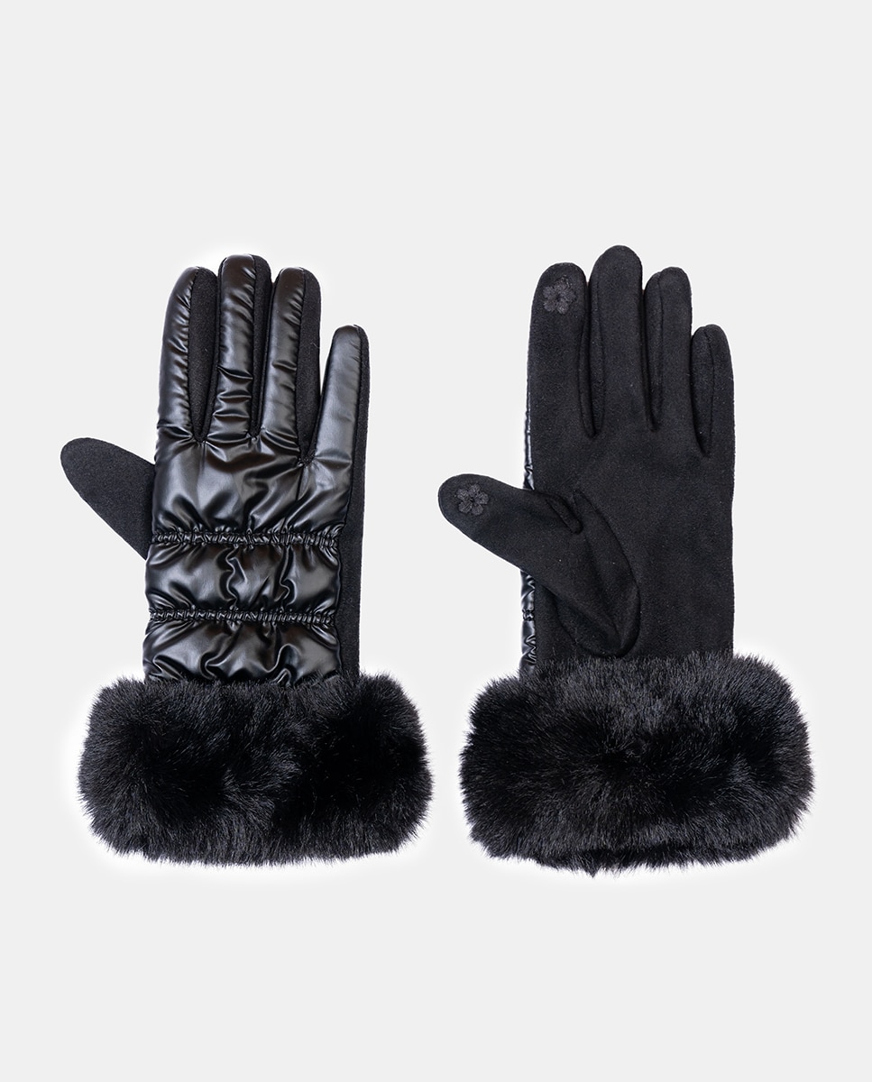 Luvas de Malha e Nylon com Punho de Pelo Preto-1