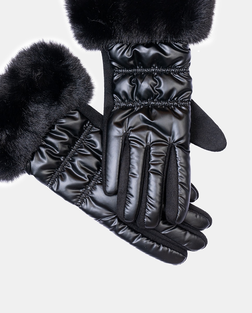 Luvas de Malha e Nylon com Punho de Pelo Preto-2