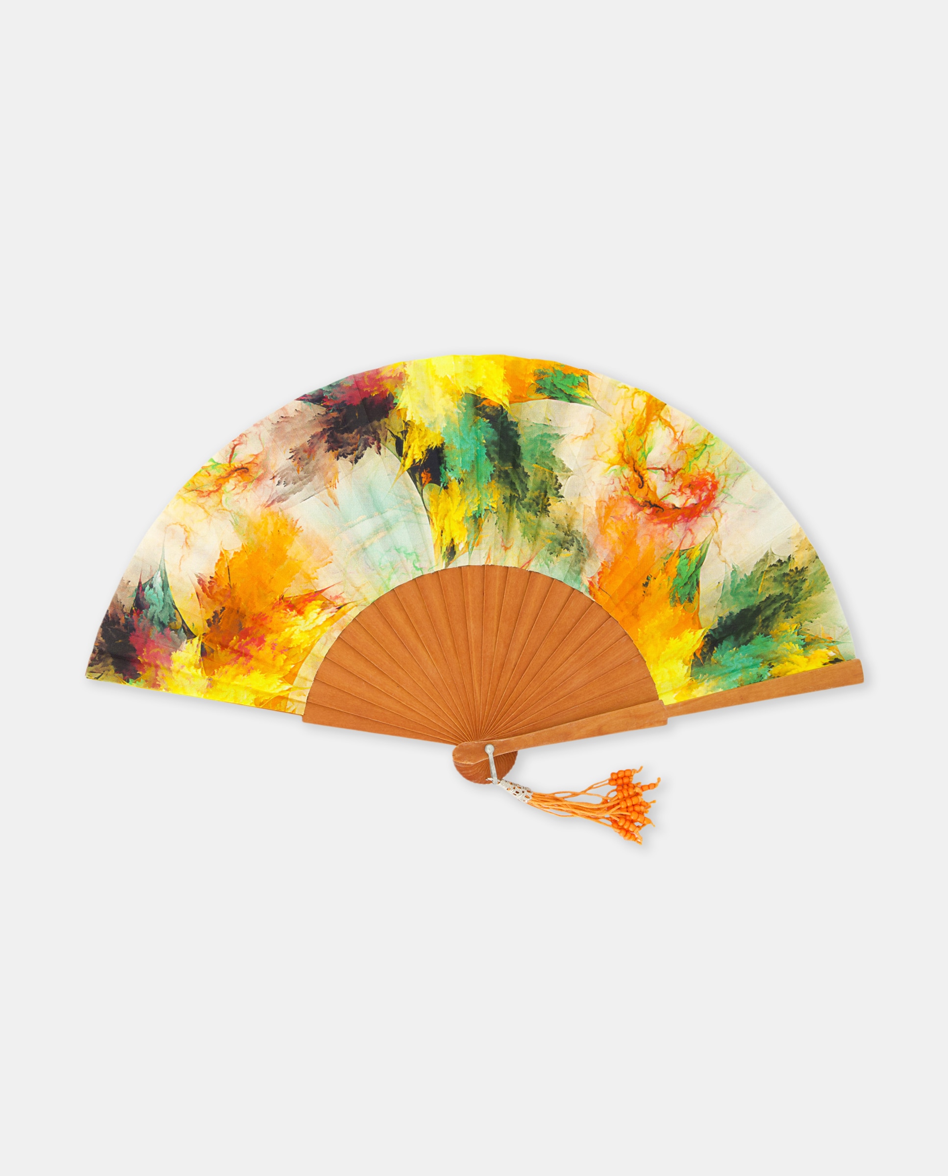 Leque de Madeira Polida com Folhas Laranja-1