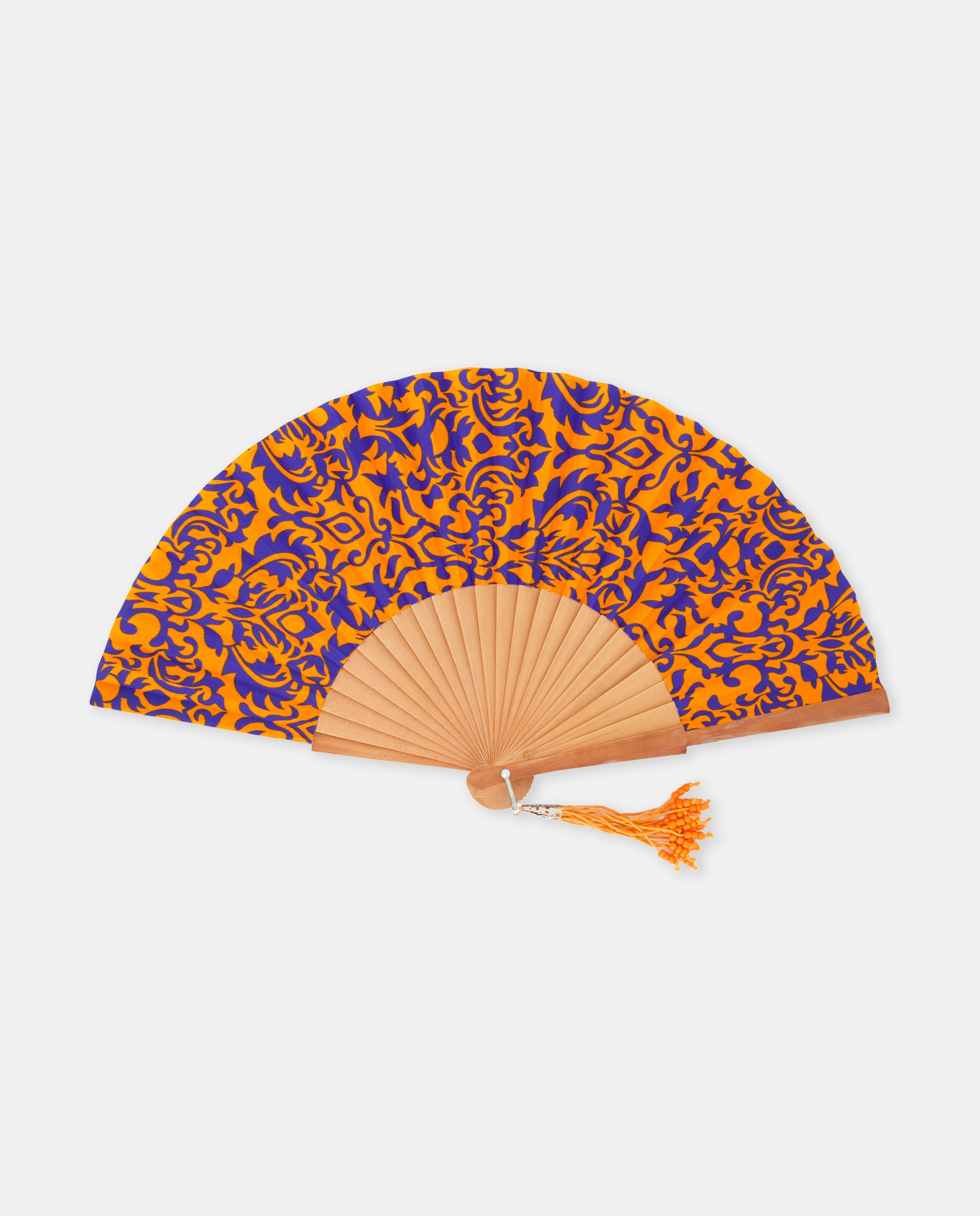 Leque de Madeira Polida com Estampado Tribal Laranja-1