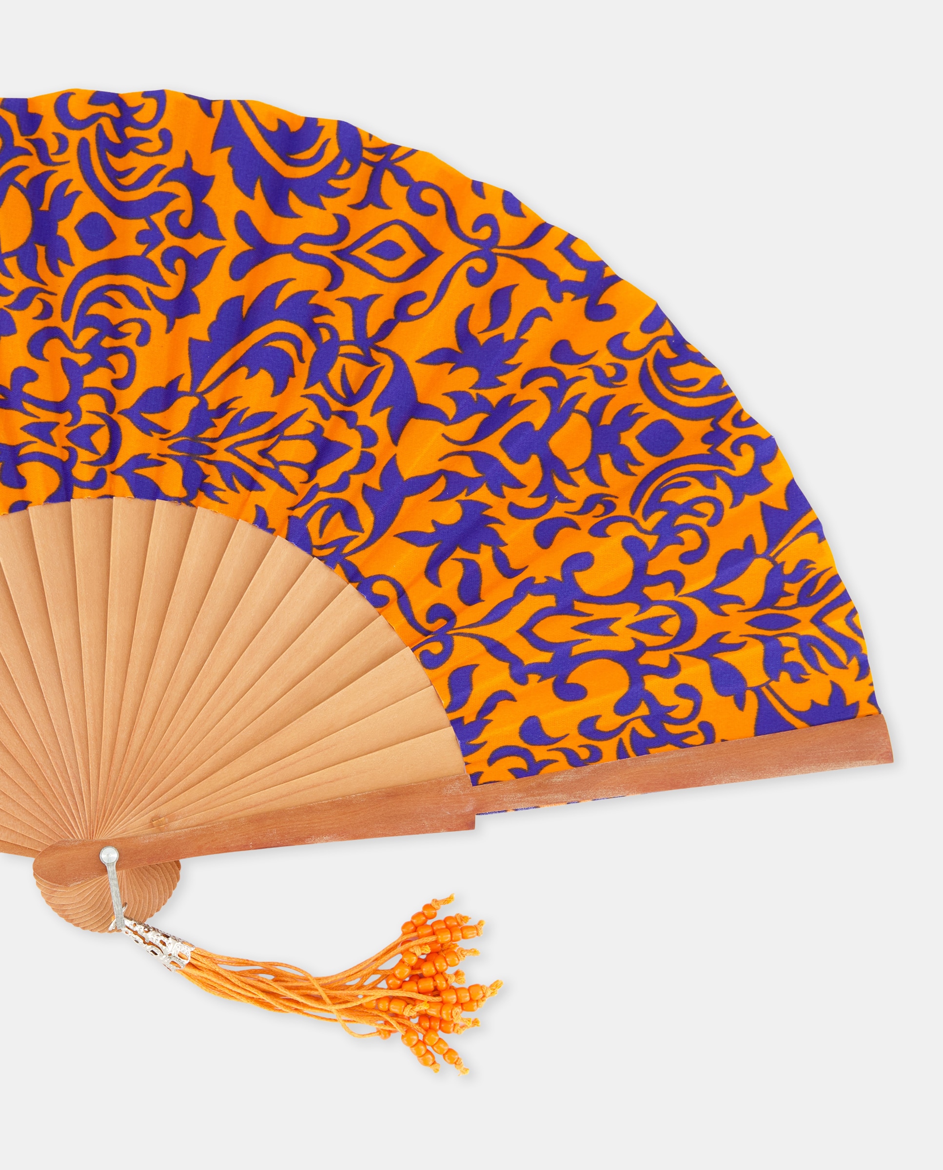 Leque de Madeira Polida com Estampado Tribal Laranja-2