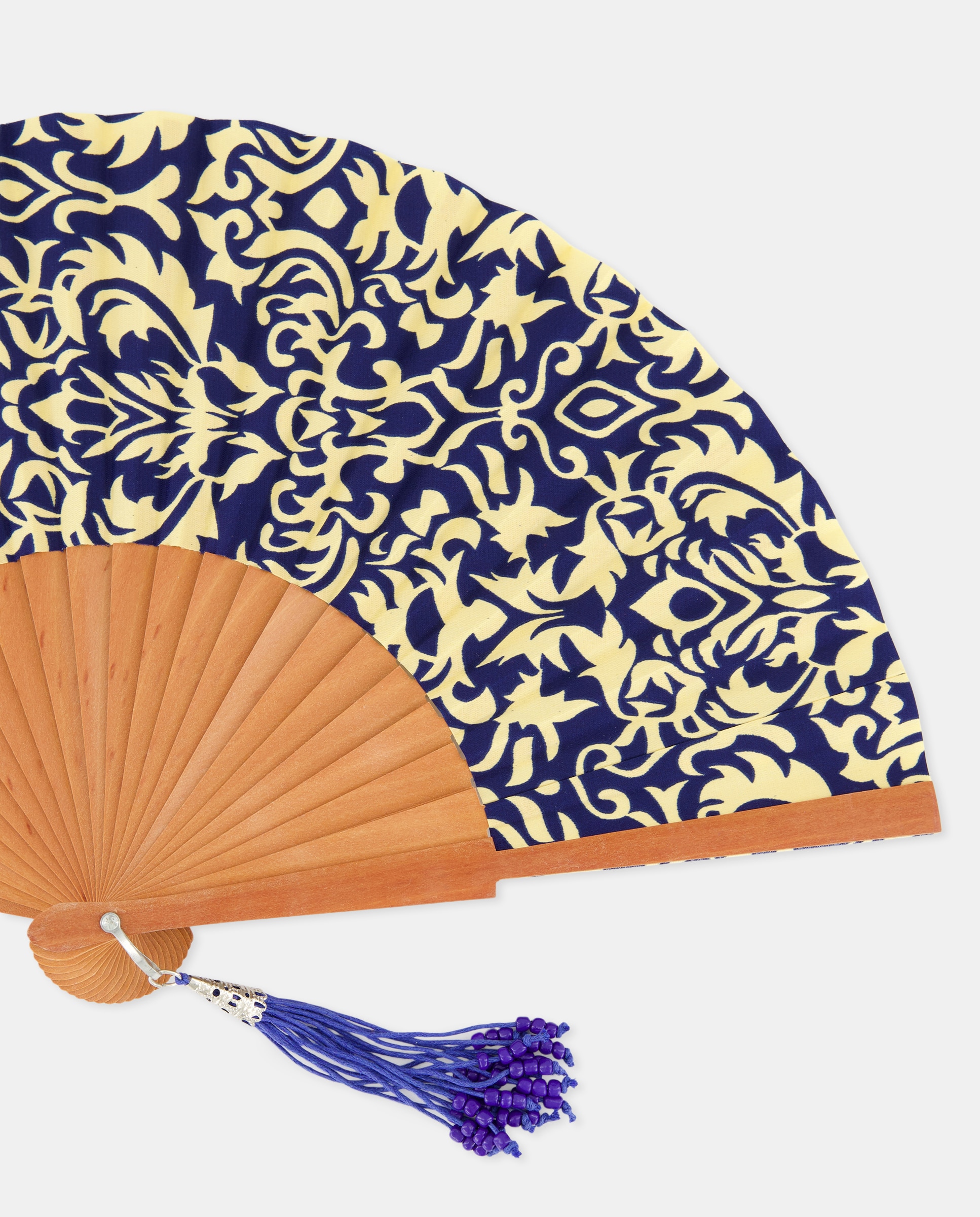 Leque de Madeira Polida com Estampado Tribal Azul-marinho-2