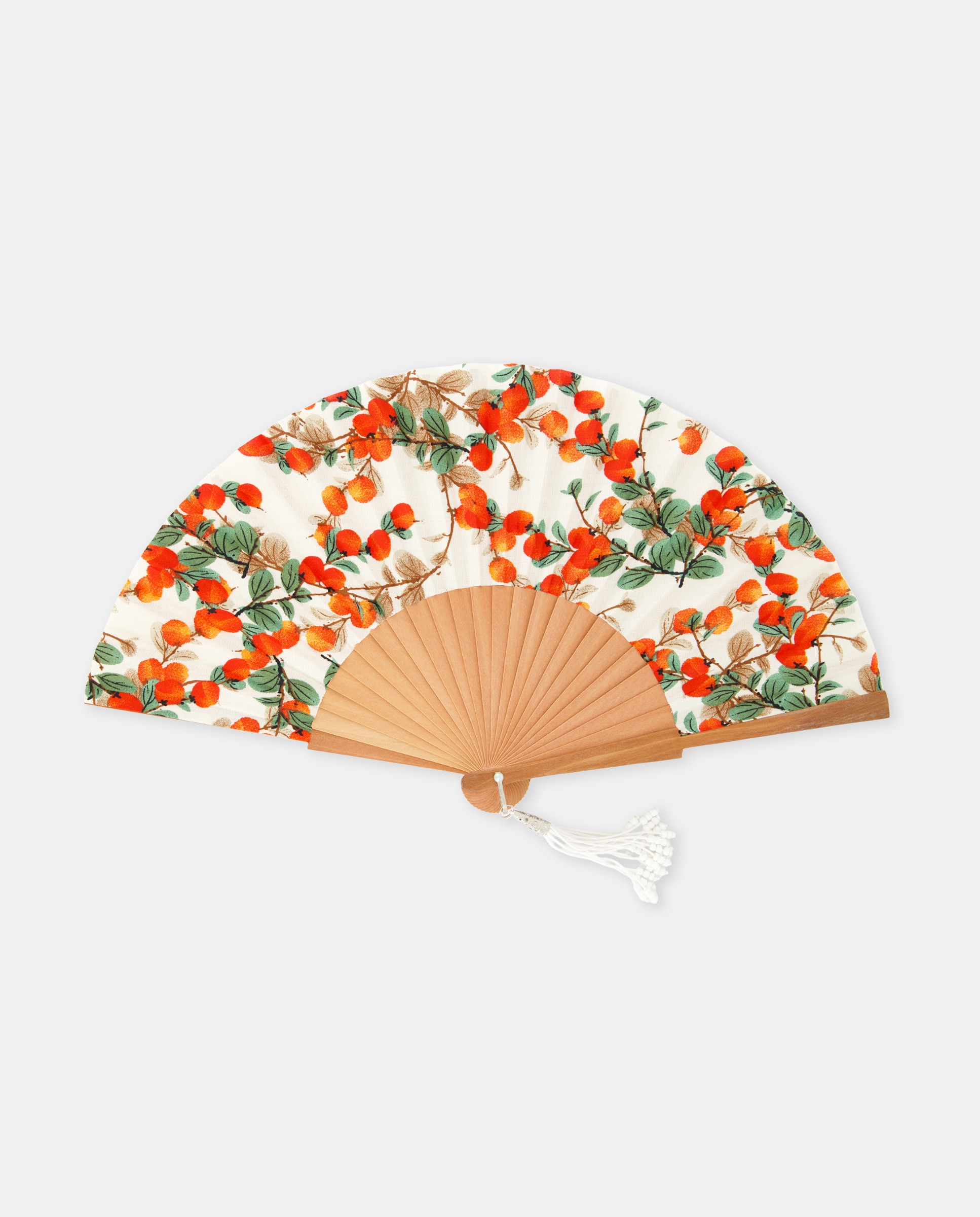 Leque de Madeira Polida com Estampado Floral e de Frutas. Branco-1