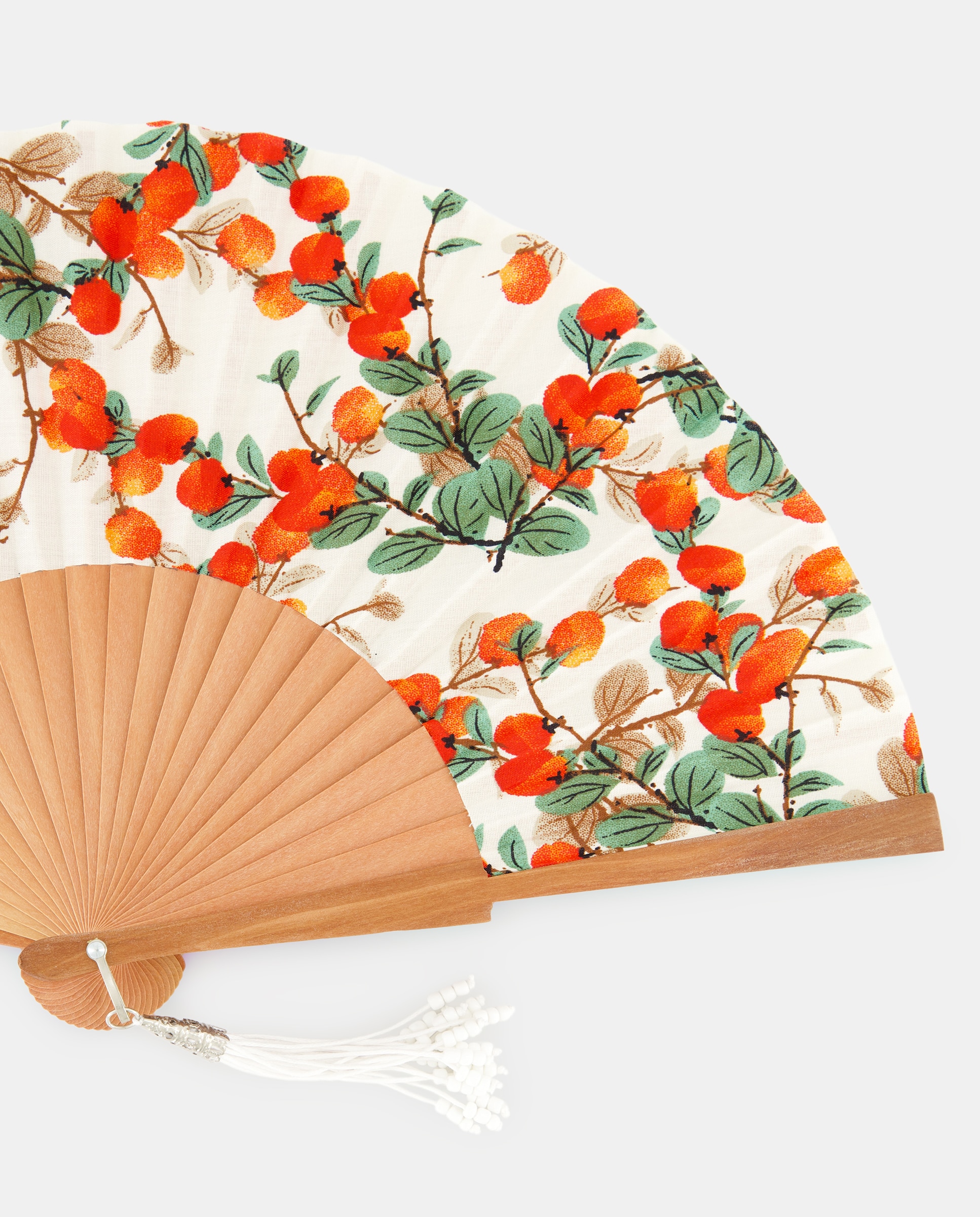Leque de Madeira Polida com Estampado Floral e de Frutas. Branco-2