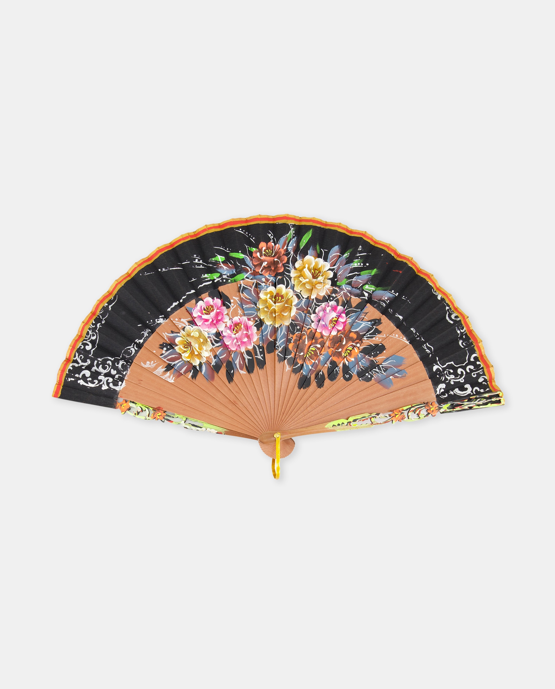 Leque de Madeira com Estampado Floral e Estrutura Trabalhada Preto-1