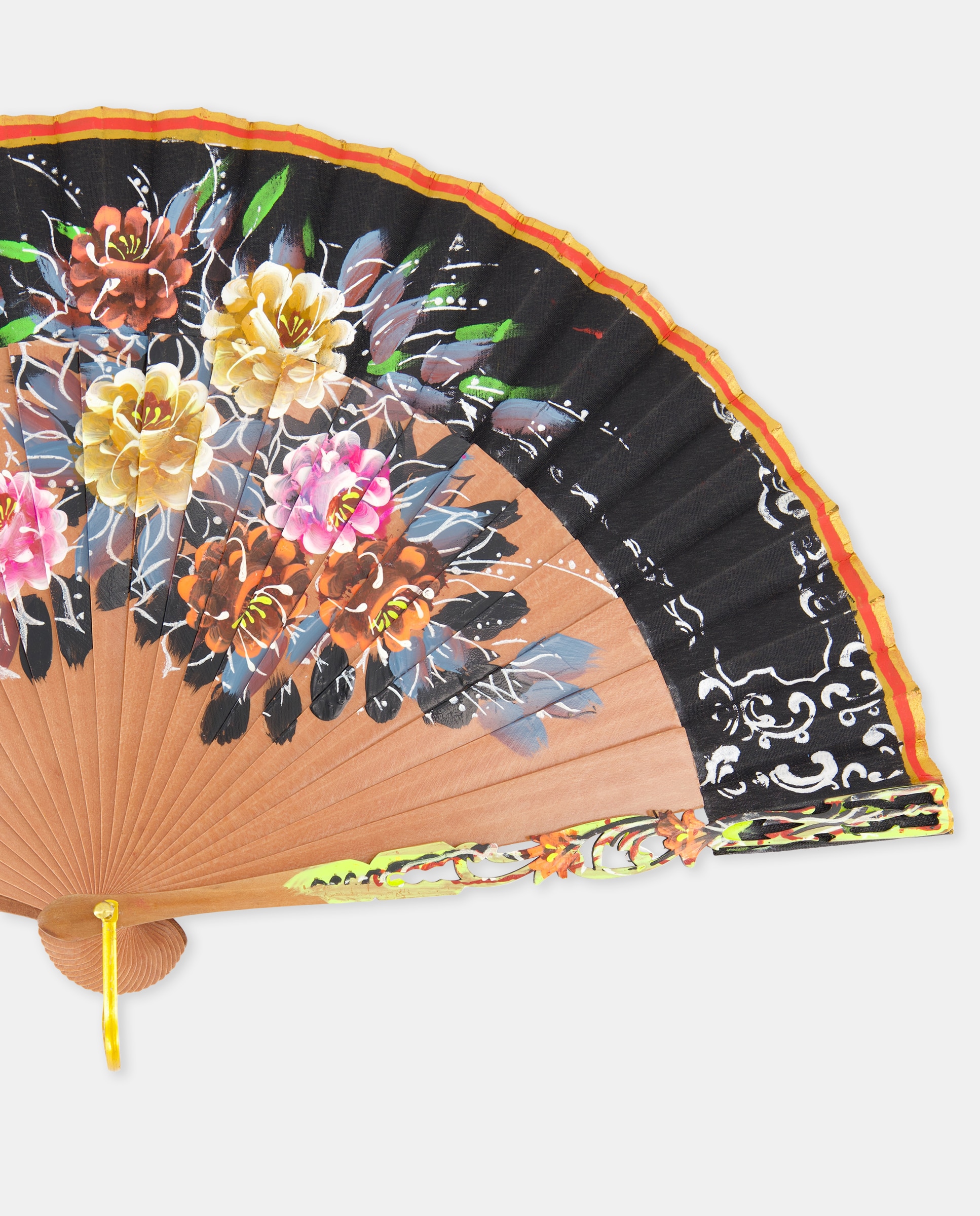 Leque de Madeira com Estampado Floral e Estrutura Trabalhada Preto-2