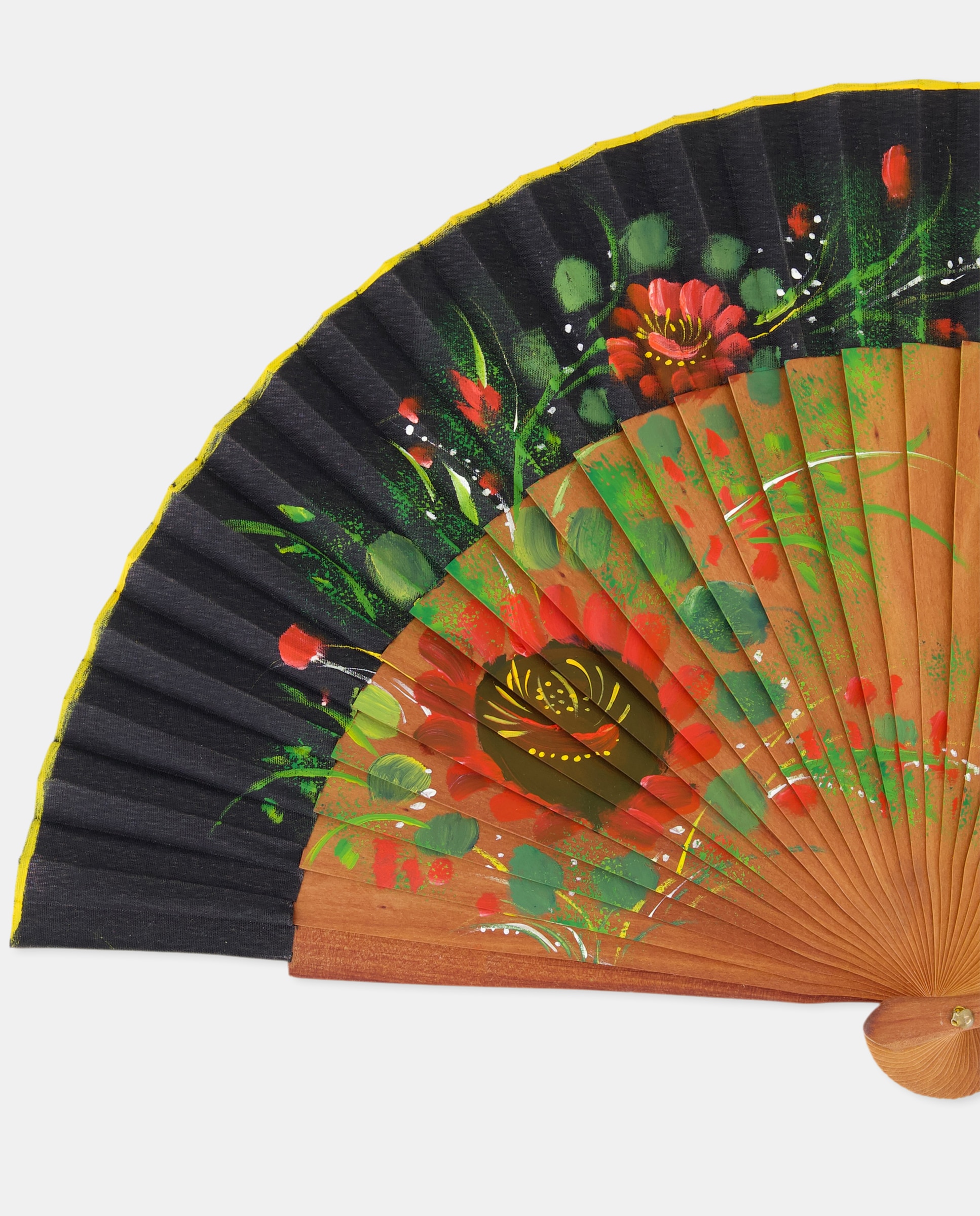 Leque de Madeira com Flores Pintadas Preto-3