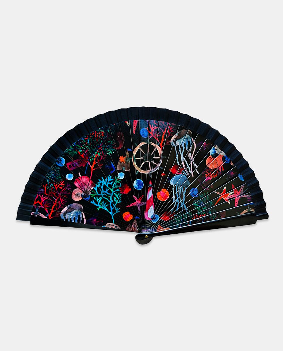 Imagem 0 de Leque de madeira preto com estampado do mar