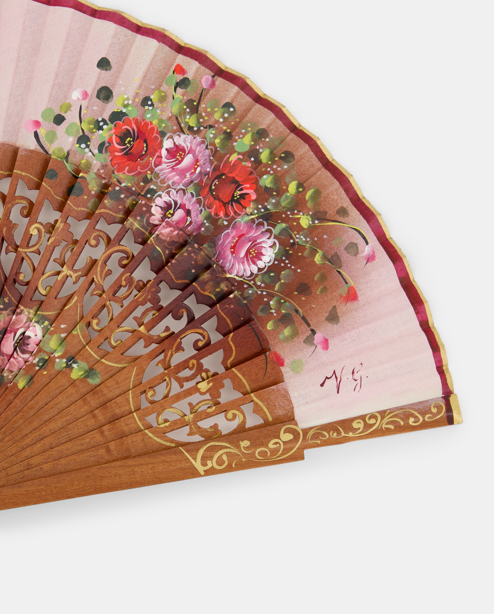 Leque de Madeira Trabalhada com Estampado Floral Rosa-2