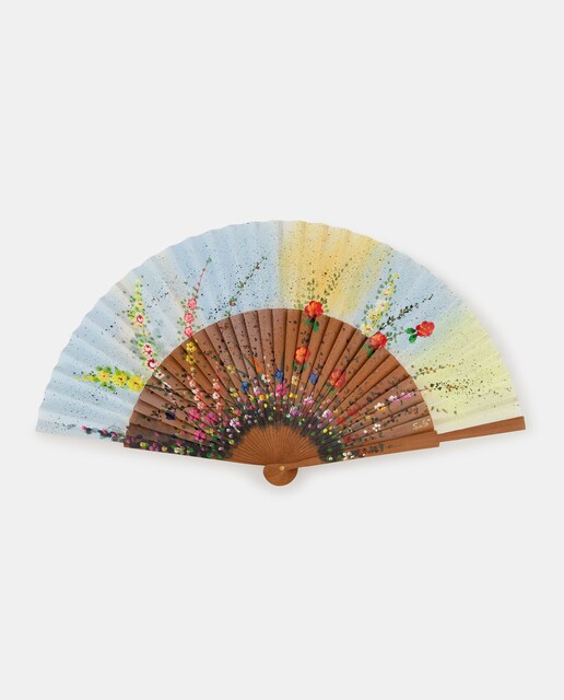 Abanico de madera multicolor con flores pintadas a mano