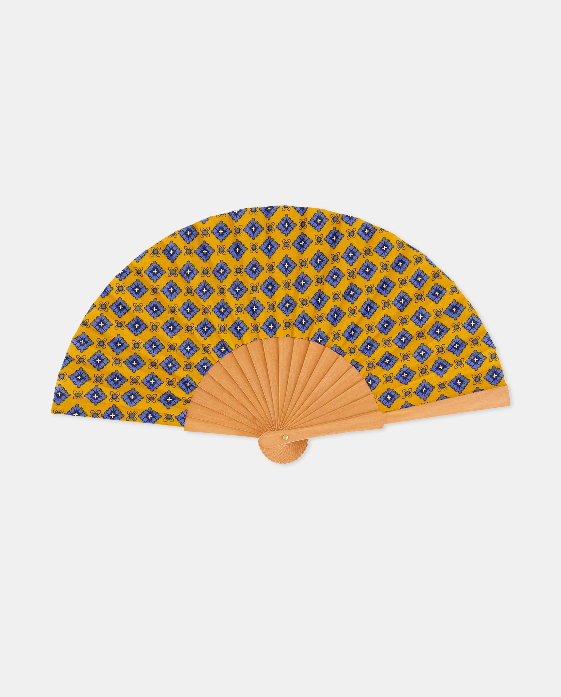 Leque de Madeira com Estampado Mostarda-1