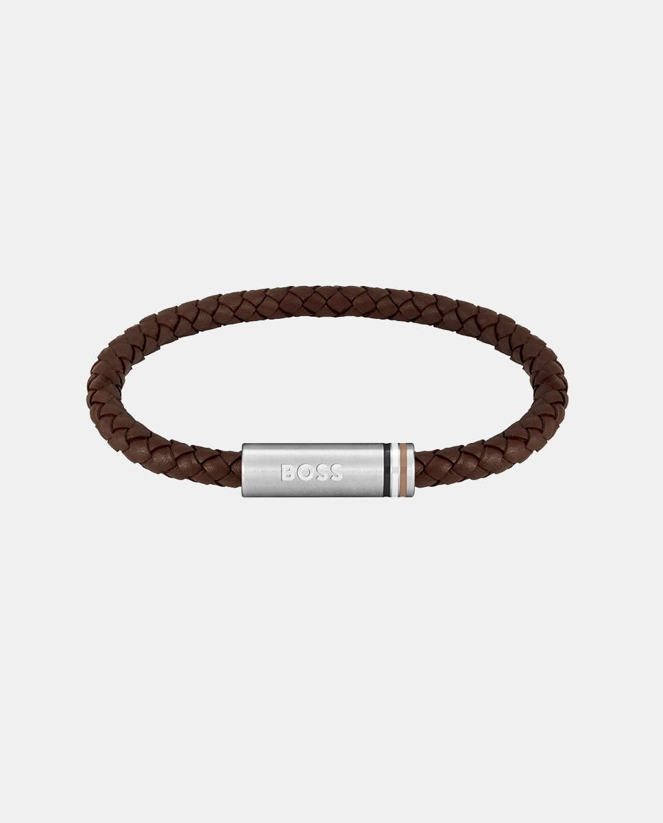Boss - Pulsera de hombre Ares Single de acero y piel marrón.