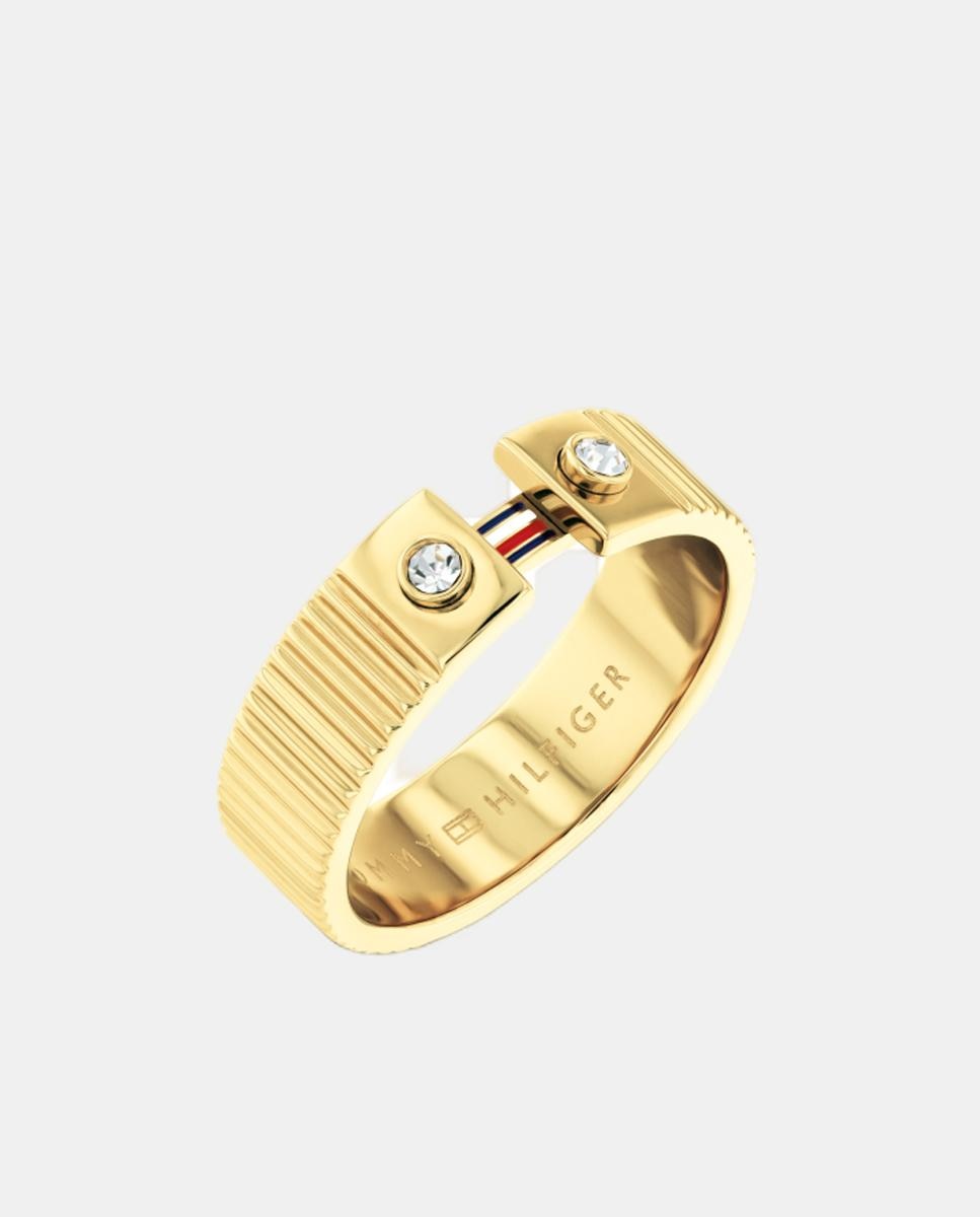 Anel Stripes de Aço Dourado e Cristal Branco-1