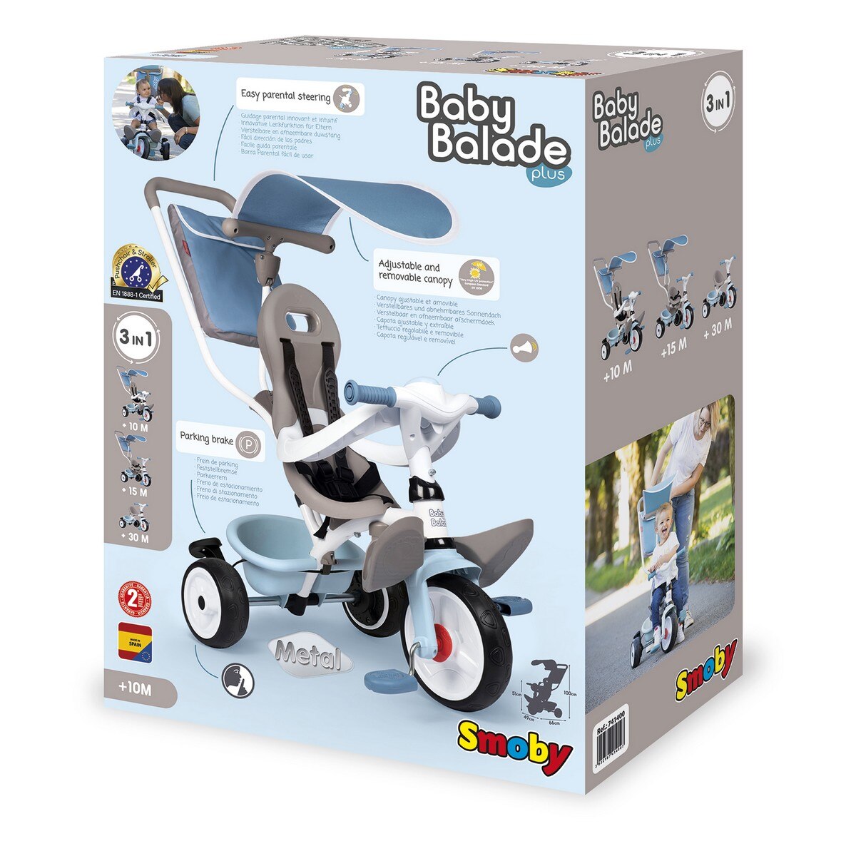 Smoby Triciclo Baby Balade Azul – Triciclo Evolutivo Con Control Parental, Dosel 360º Y Ruedas Silenciosas Para Niños Desde 10 Meses