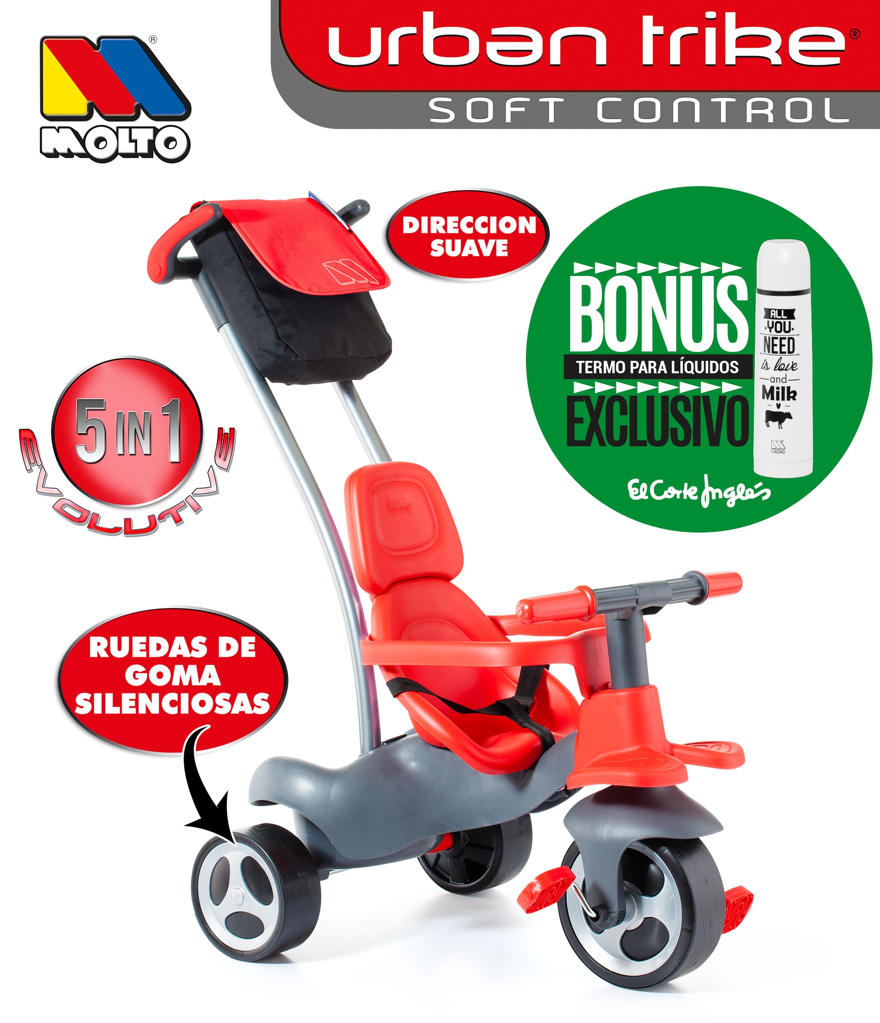 Triciclo Urban Trike Dirección Suave + Bolsa + Ruedas De Goma Rojo + Bonus Termo Bebidas 8
