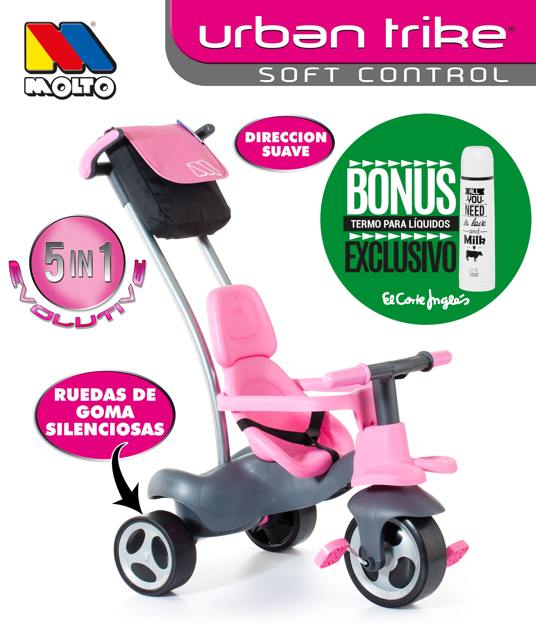 Triciclo Urban Trike Dirección Suave + Bolsa + Ruedas De Goma Rosa Bonus Termo Bebidas 8