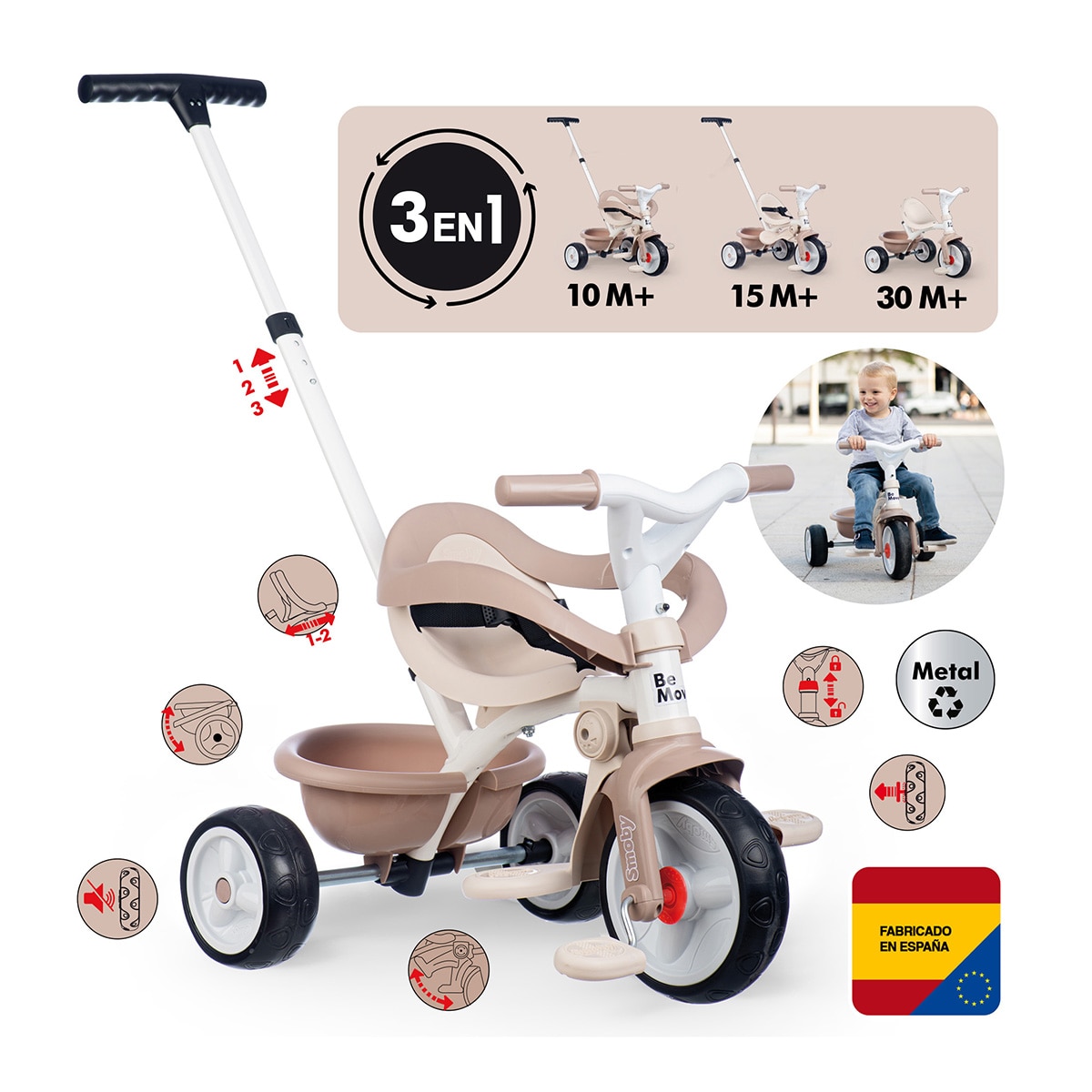 Triciclo Be Move Confort beige progresivo desde los 10 meses hasta más de 3 años Smoby 2