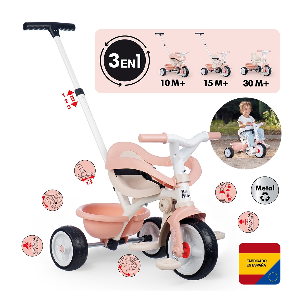 Triciclo Be Move Confort rosa progresivo desde los 10 meses hasta más de 3 años Smoby 2