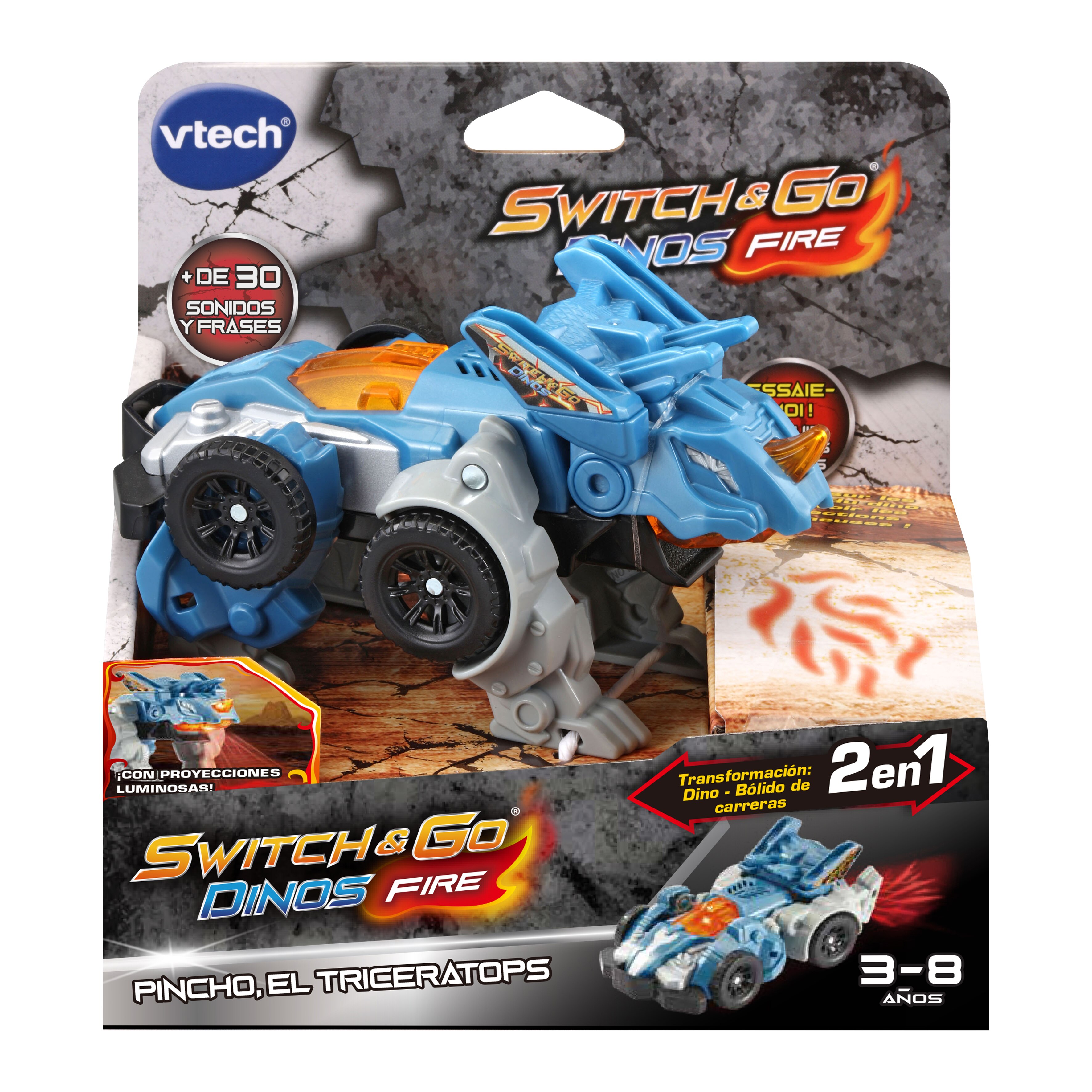 Switch&Go Dinos Fire, Pincho el tricerátops, Dinosaurios que se transforman en vehículos VTech 2