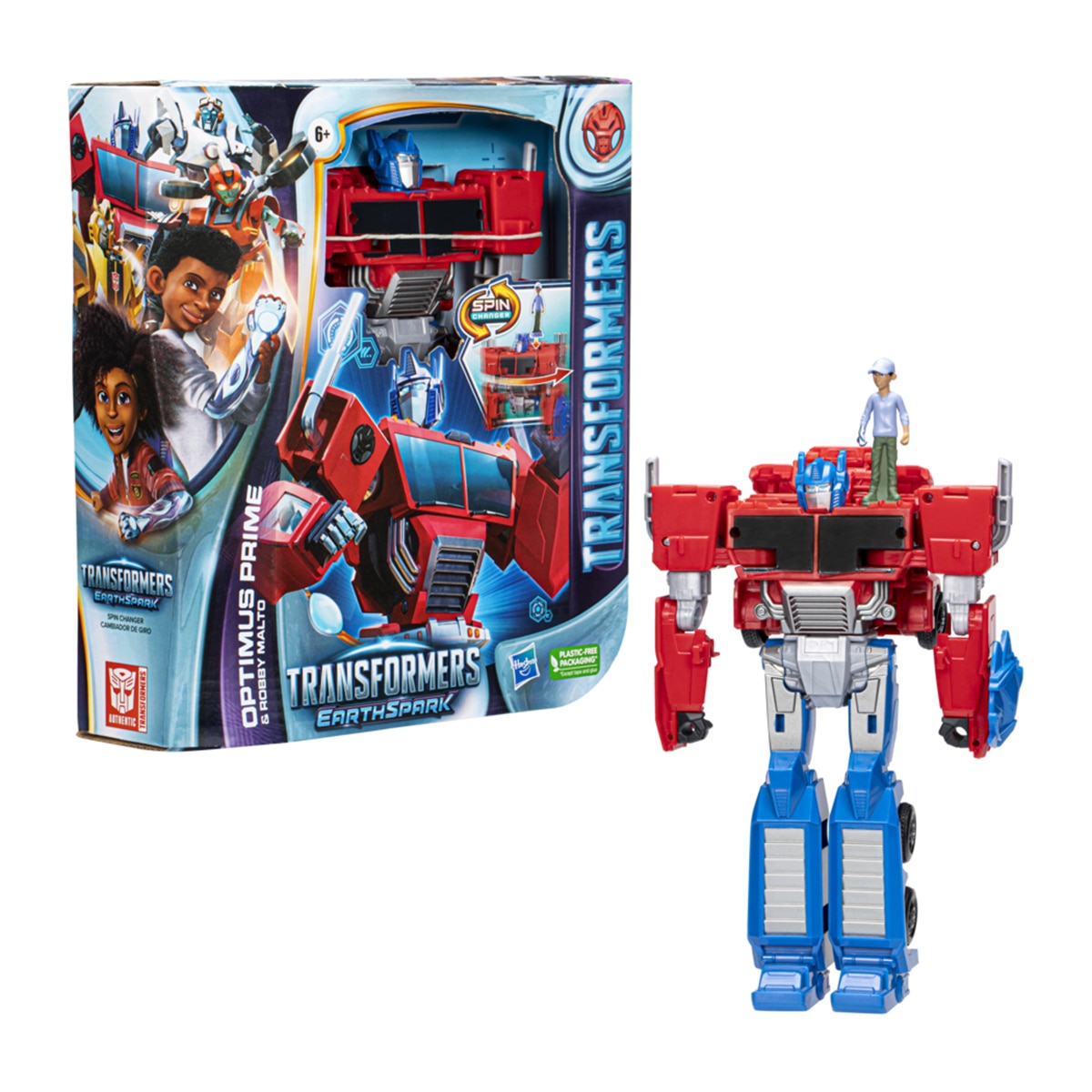 HASBRO FAN – Figura Transformers Earthspark Cambiador De Giro Optimus Prime Y Robby Malto.
