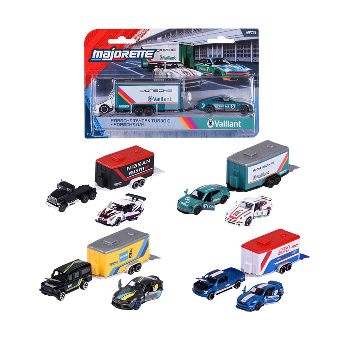 Imagen 0 de Trailer Deluxe con 2 vehículos de metal a escala 1:64 Ride Wild Premium Racing Majorette modelos surtidos