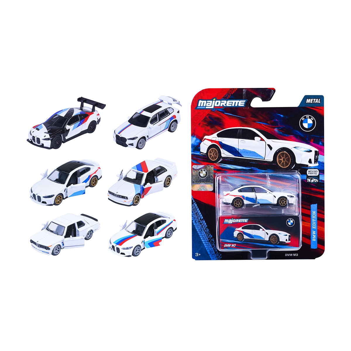 Imagen 0 de Coche de metal BMW Deluxe 7,5 cm con neumáticos de goma y caja de colección de cartón Majorette  6 modelos surtidos