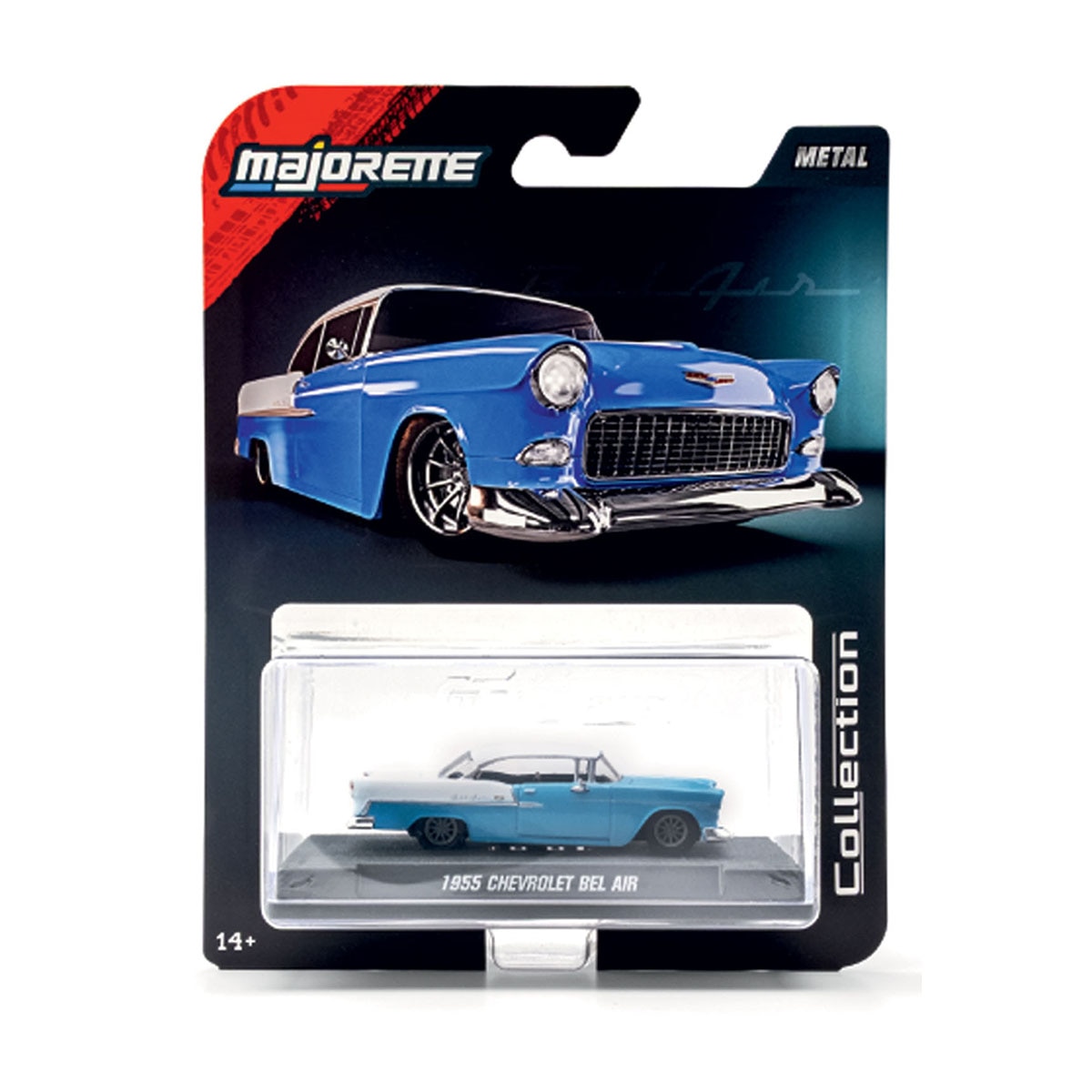 Coche de metal serie Collection 1955 Chevrolet Bel Air azul y blanco Majorette 4