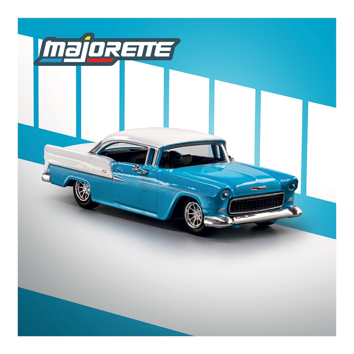 Coche de metal serie Collection 1955 Chevrolet Bel Air azul y blanco Majorette 5