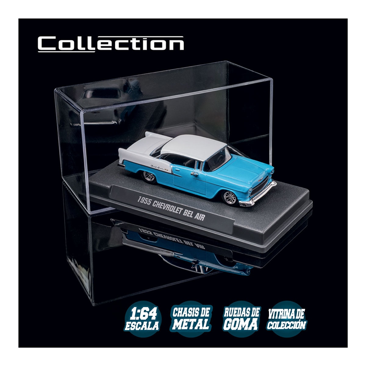 Coche de metal serie Collection 1955 Chevrolet Bel Air azul y blanco Majorette 6