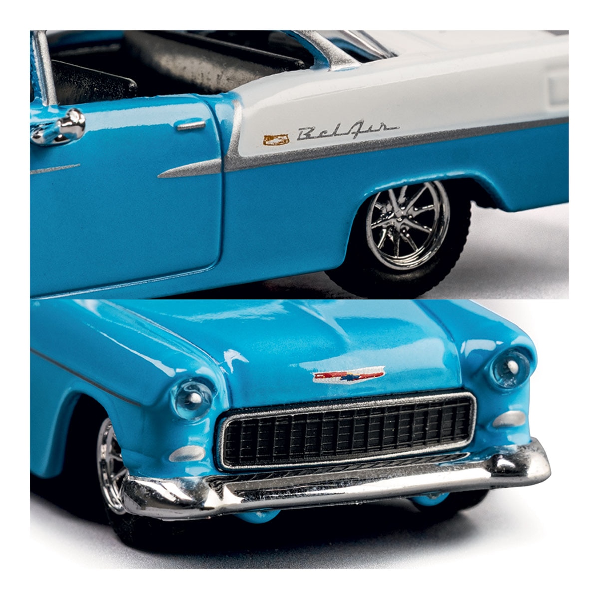 Coche de metal serie Collection 1955 Chevrolet Bel Air azul y blanco Majorette 7