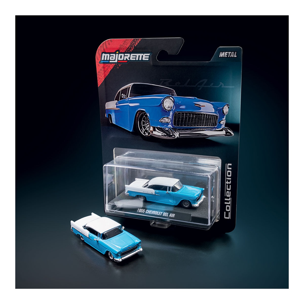 Coche de metal serie Collection 1955 Chevrolet Bel Air azul y blanco Majorette 10