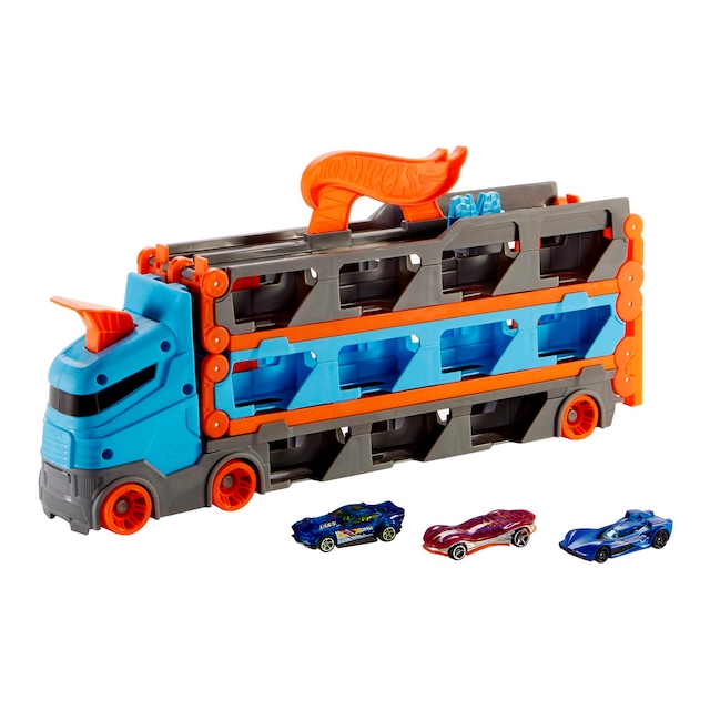 Hot Wheels Camión de transporte convertible en pista para coches de juguete