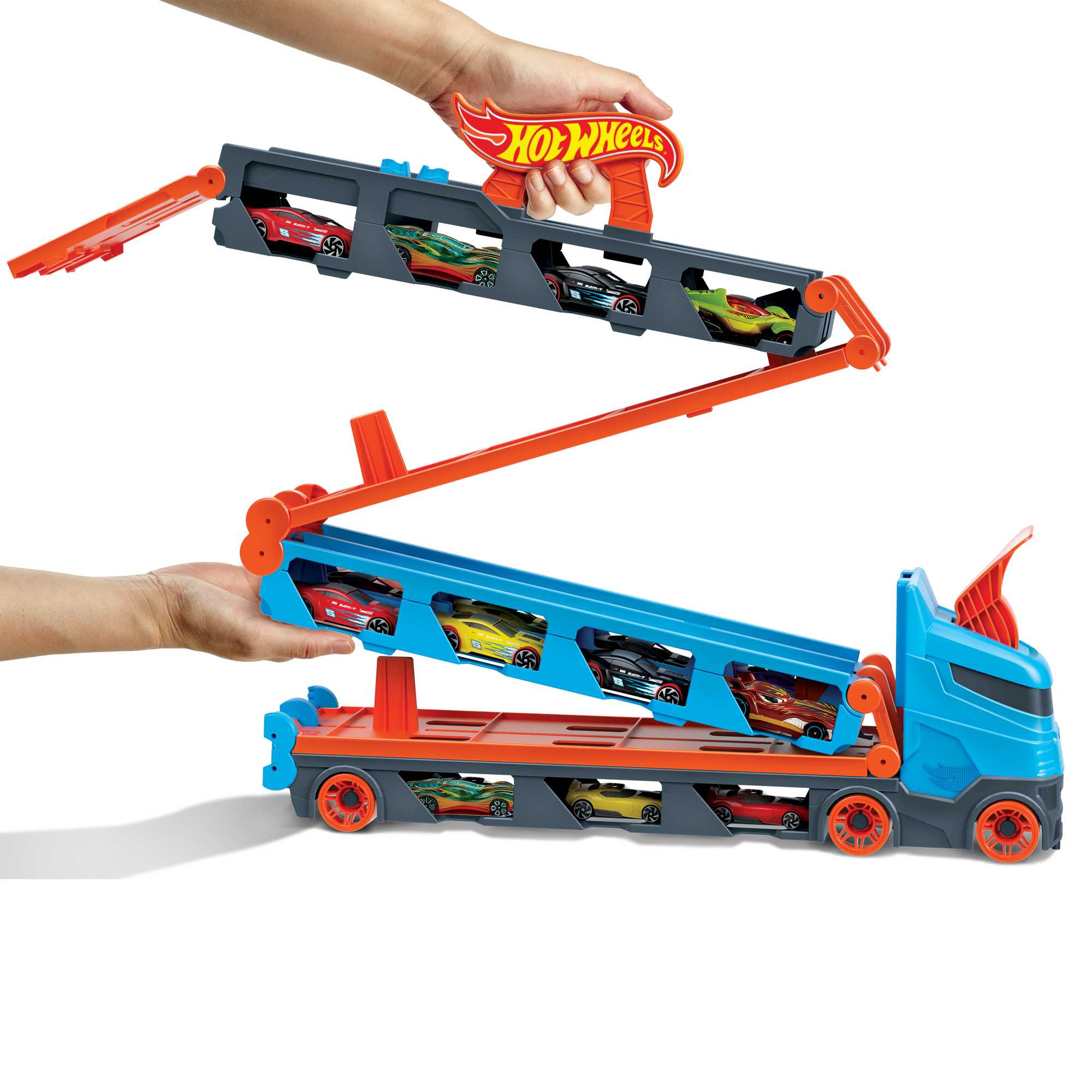 Hot Wheels Camión de transporte convertible en pista para coches de juguete 3