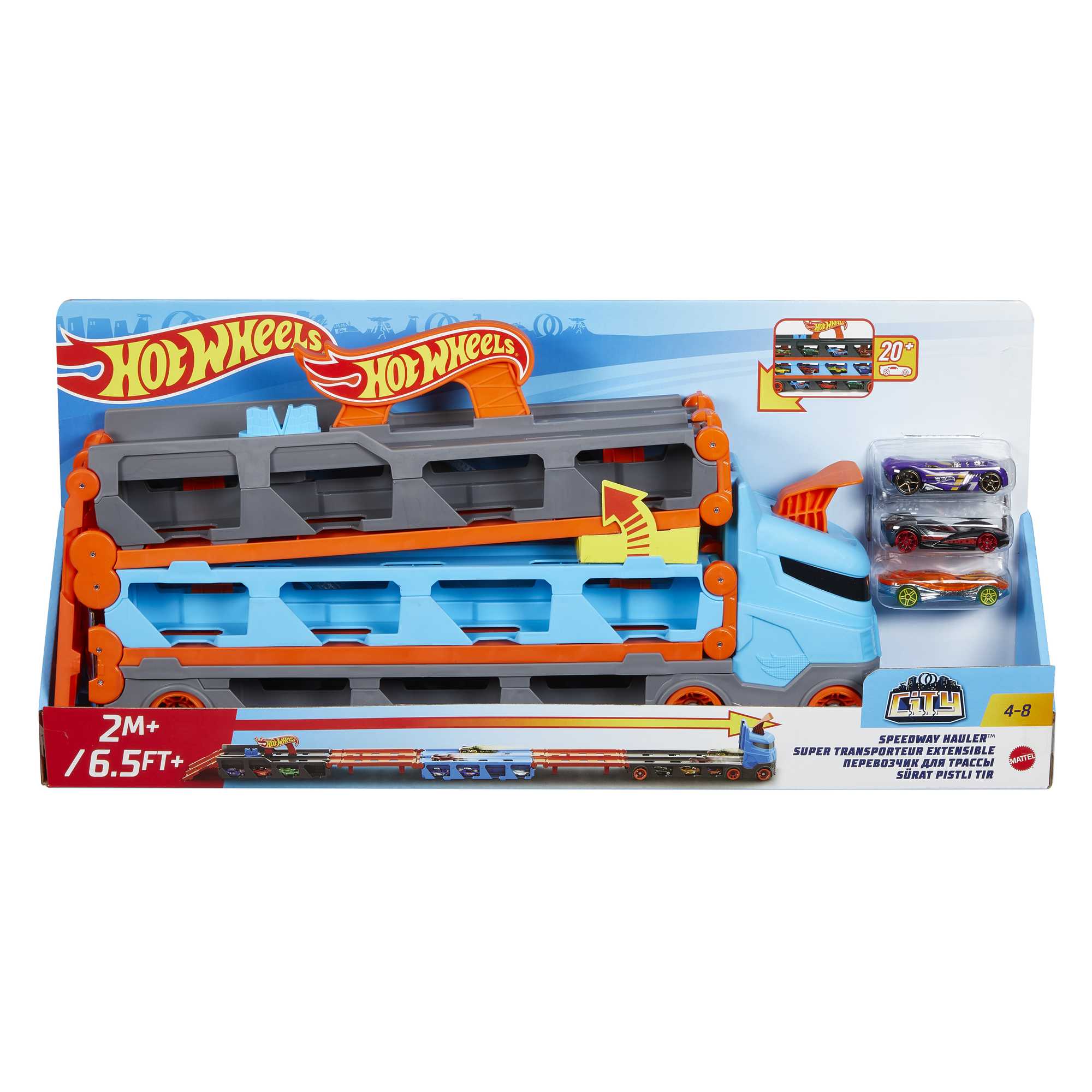Hot Wheels Camión de transporte convertible en pista para coches de juguete 6