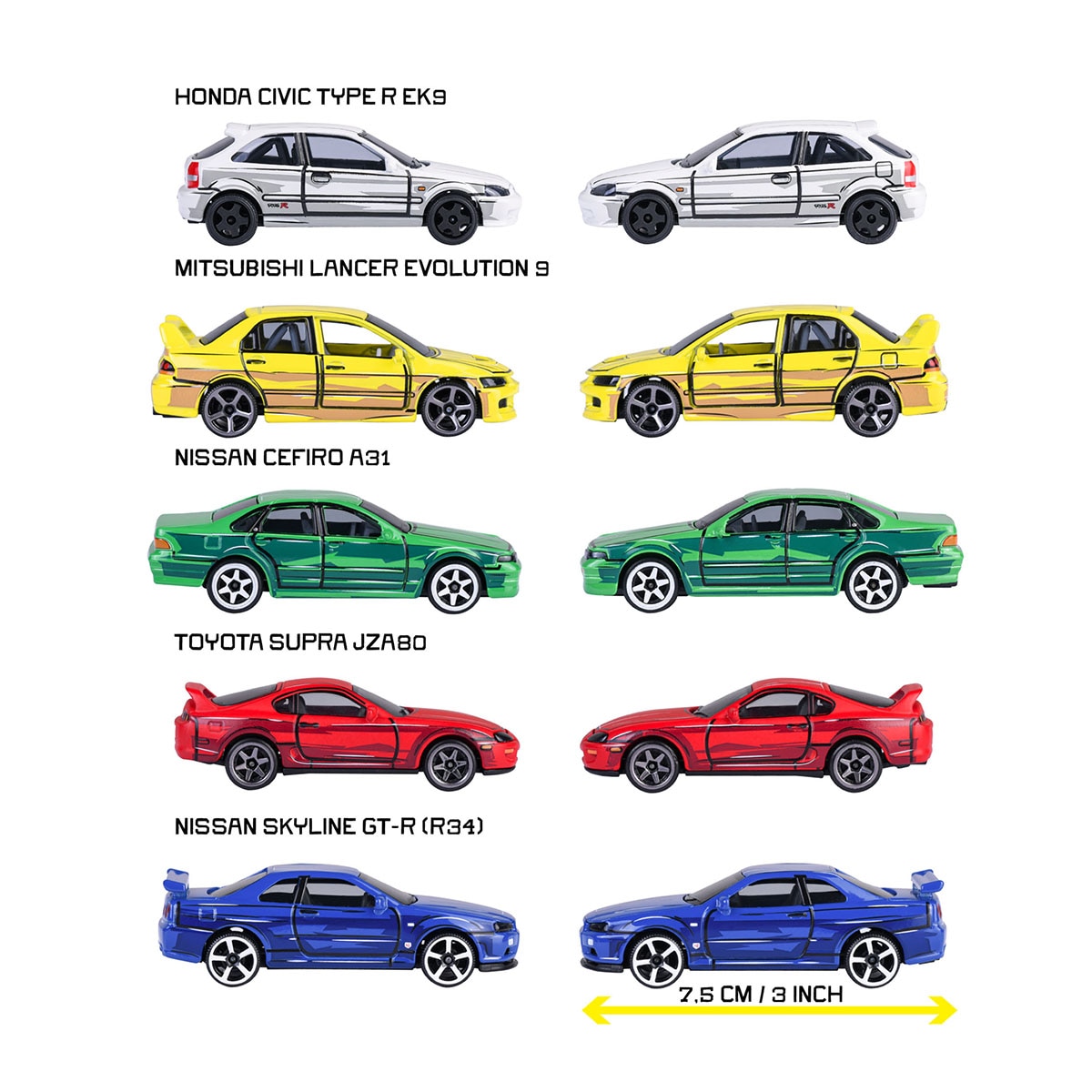 Set 5 Coches de metal a escala 1:64 Ride Cool Japan Domestic Market JDM Leyends Majorette 5