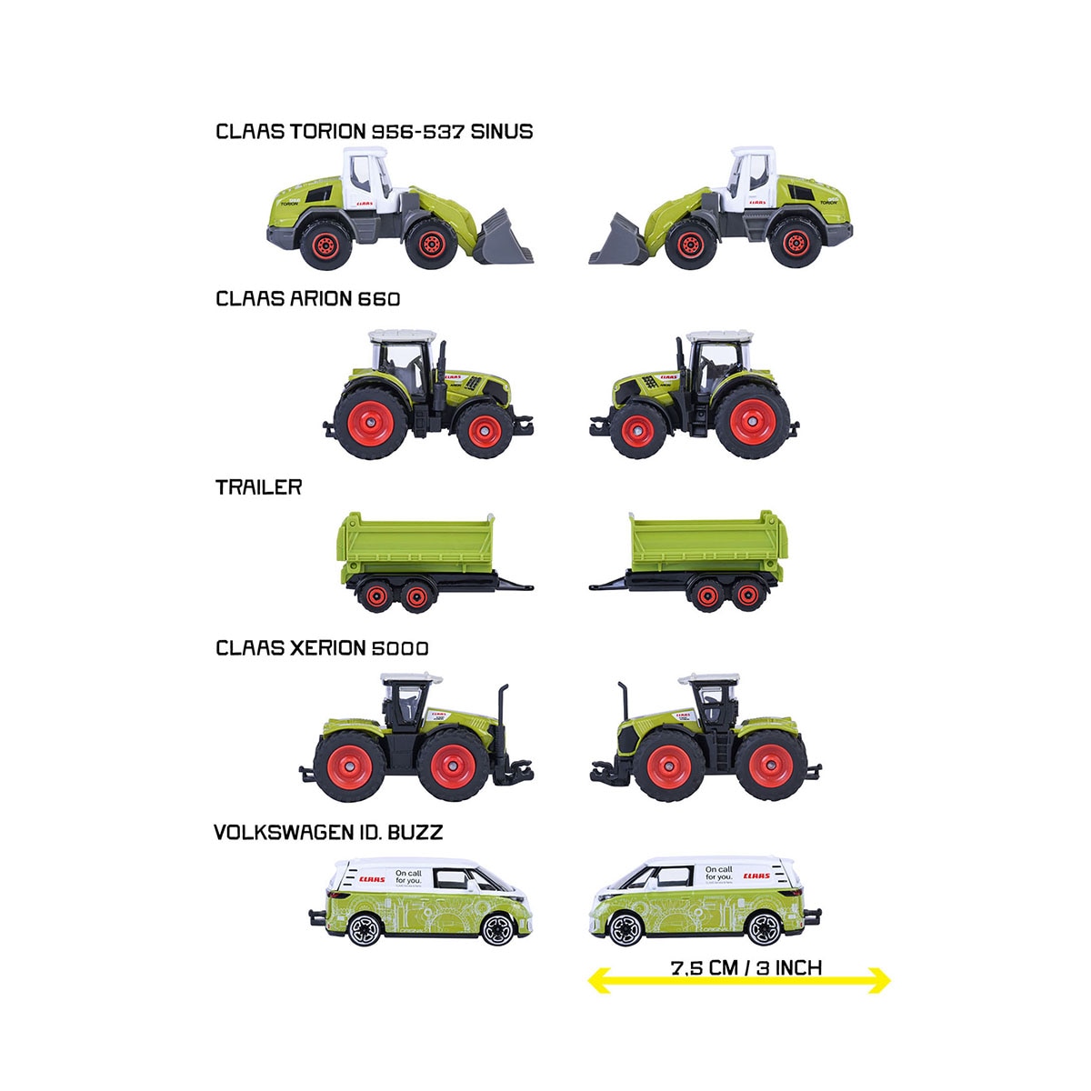 Set 5 vehículos de granja de metal a escala 1:64 Ride Strong Farm Claas Majorette 9