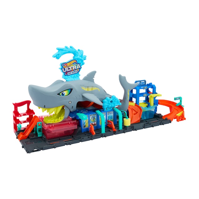 Pista para coches de juguete City "Let's Race - ¡a correr!" Netflix - Túnel de lavado de coches con tiburónHot Wheels