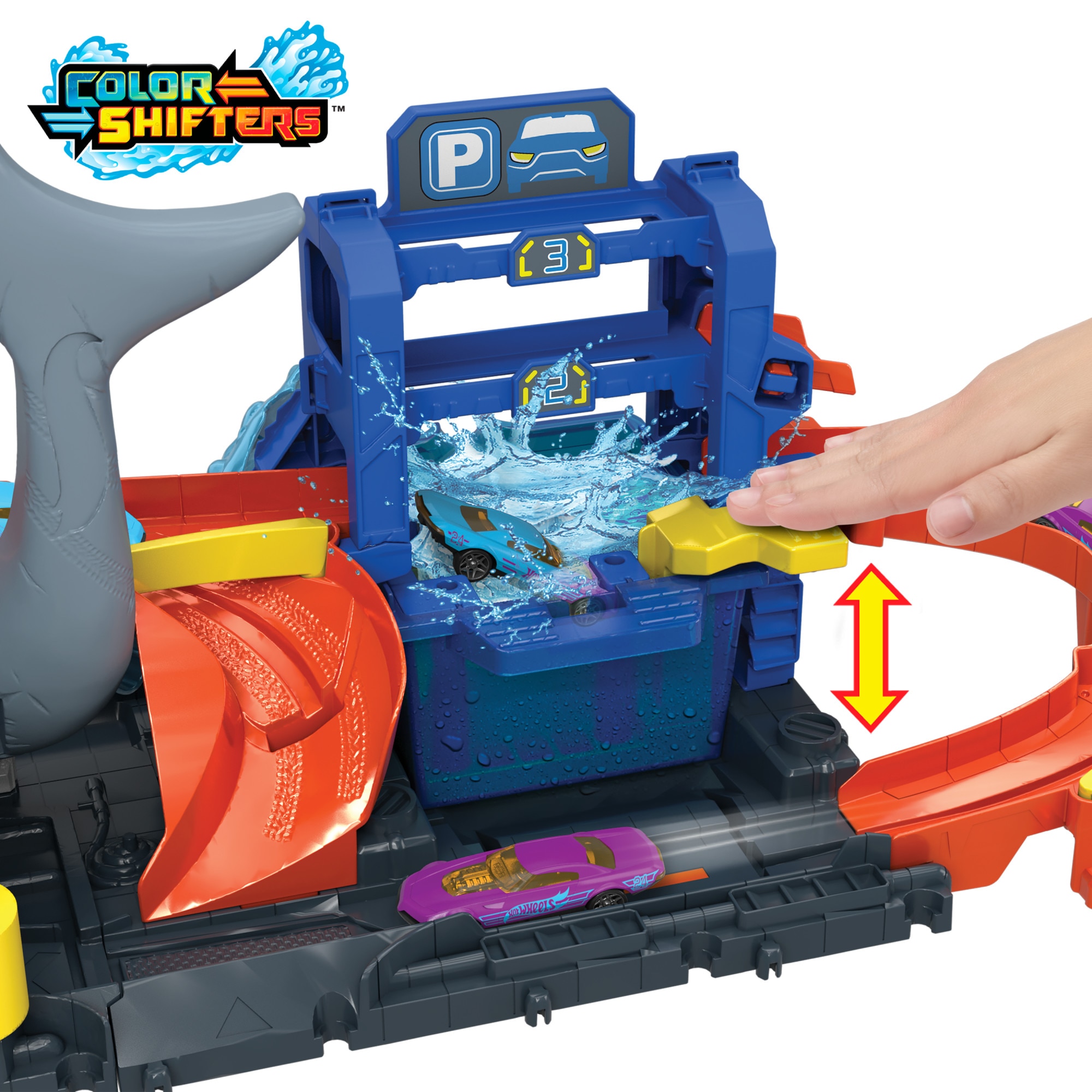 Pista para coches de juguete City "Let's Race - ¡a correr!" Netflix - Túnel de lavado de coches con tiburónHot Wheels 3