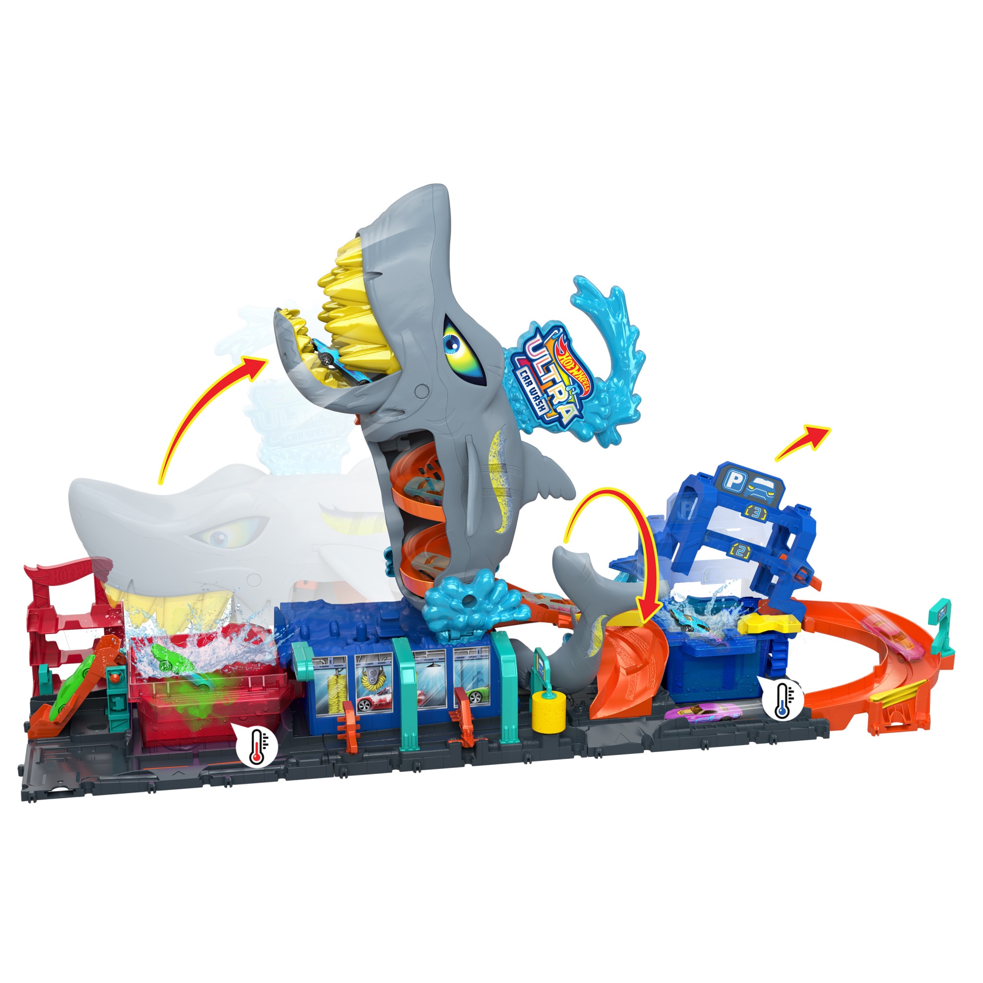 Pista para coches de juguete City "Let's Race - ¡a correr!" Netflix - Túnel de lavado de coches con tiburónHot Wheels 5