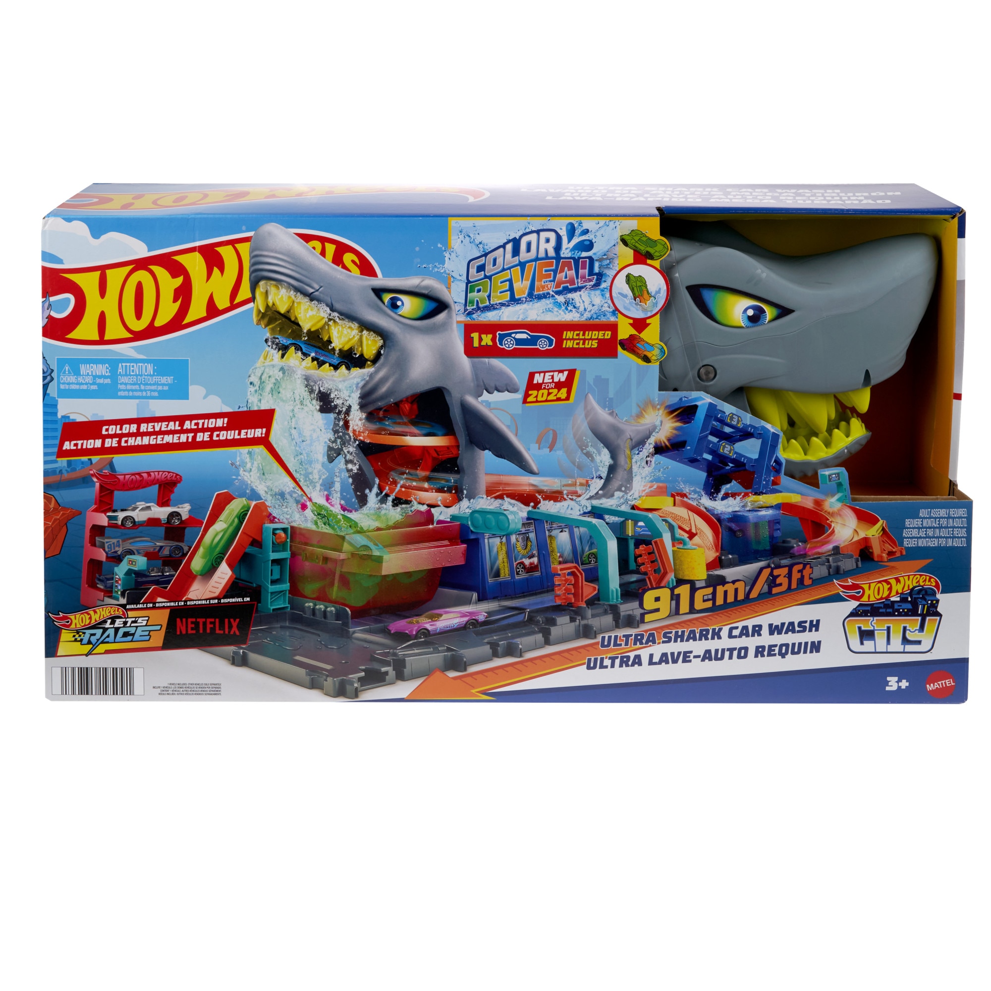 Pista para coches de juguete City "Let's Race - ¡a correr!" Netflix - Túnel de lavado de coches con tiburónHot Wheels 6