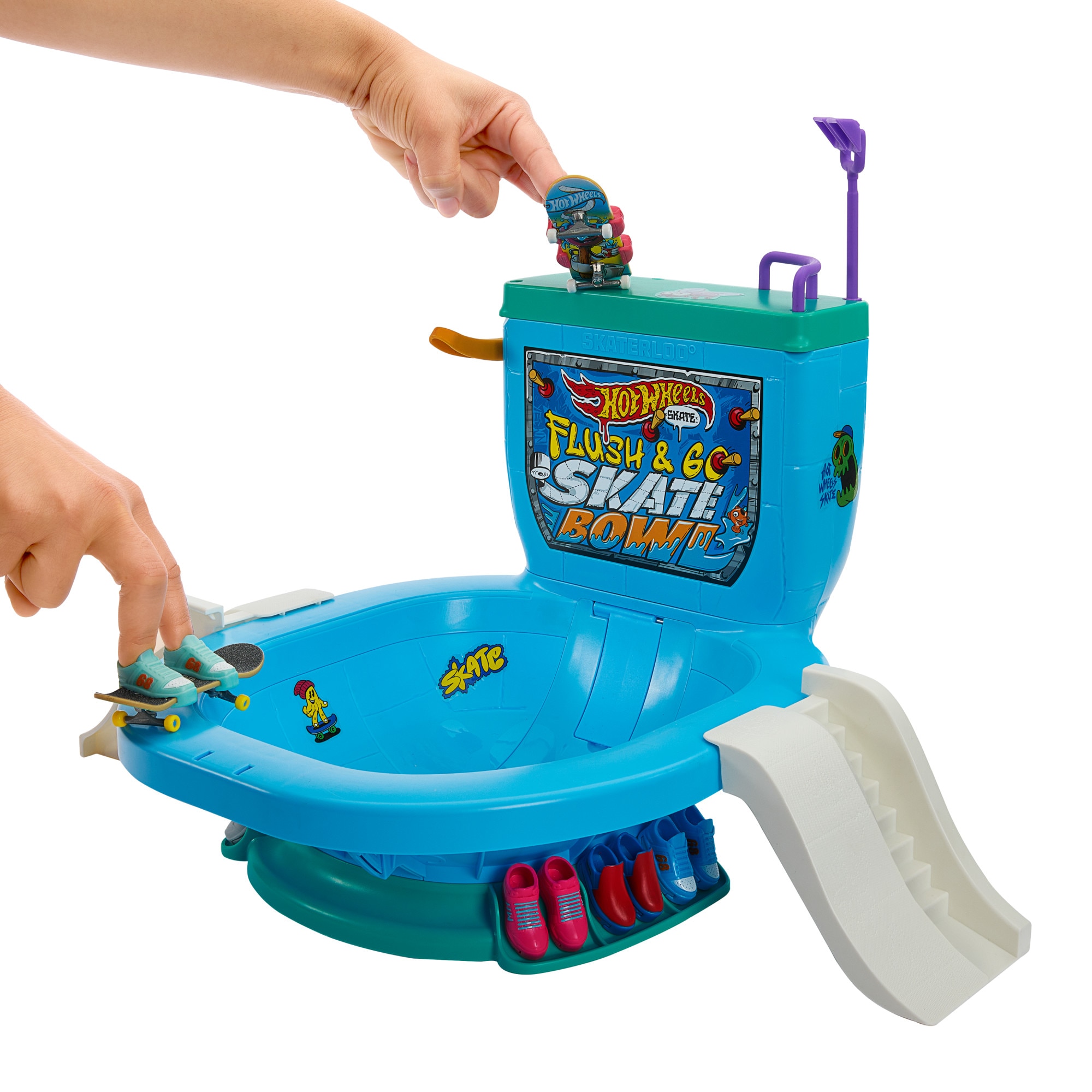 Set de juego con forma de inodoro Skate Flush & Go Bowl Hot Wheels 4