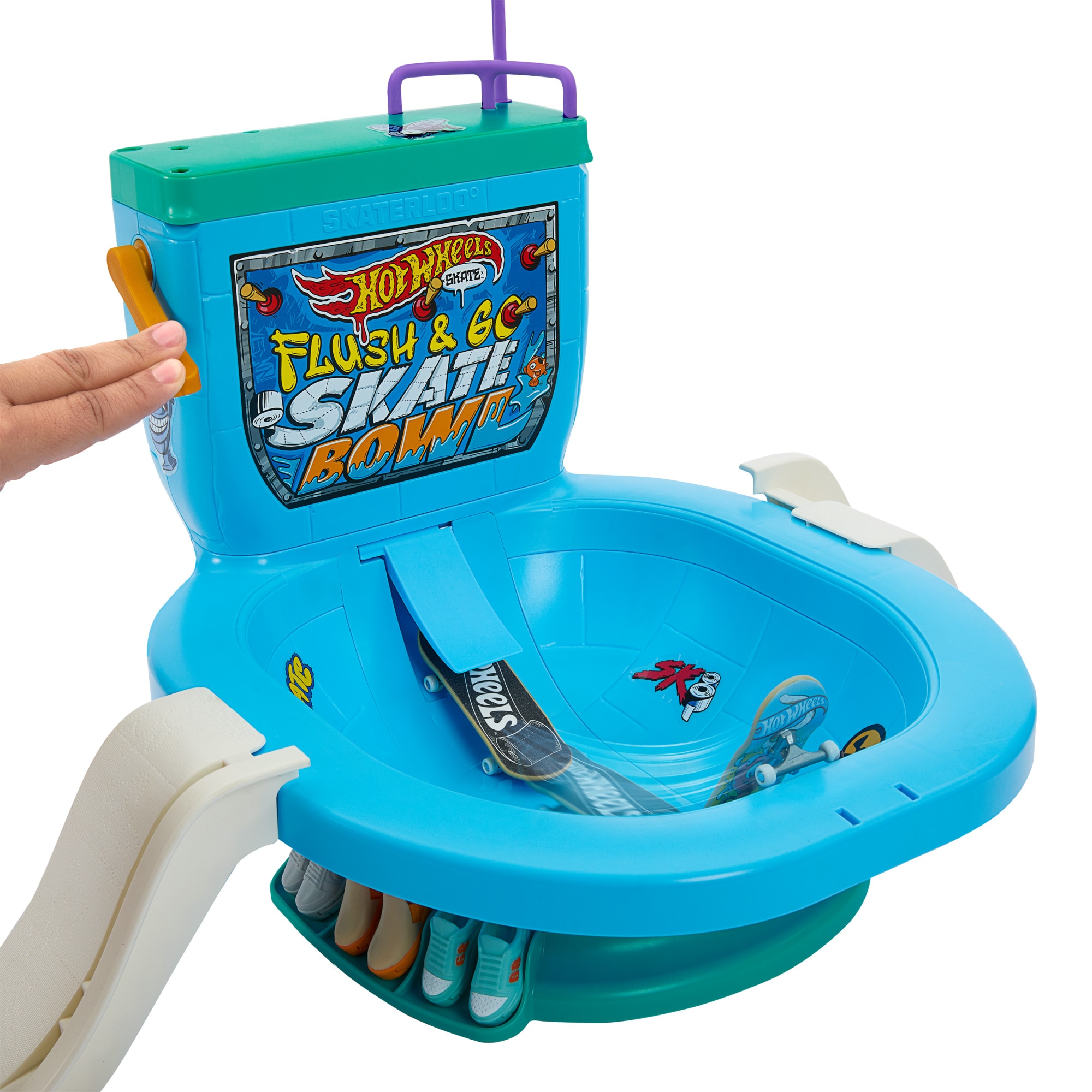 Set de juego con forma de inodoro Skate Flush & Go Bowl Hot Wheels 5