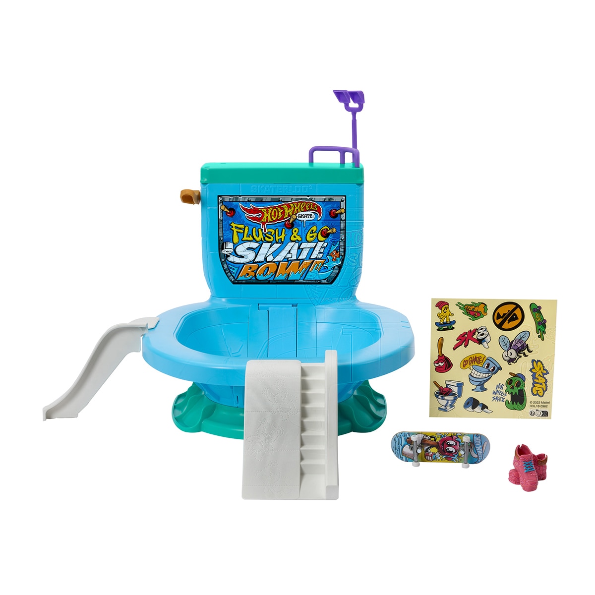 Set de juego con forma de inodoro Skate Flush & Go Bowl Hot Wheels 7