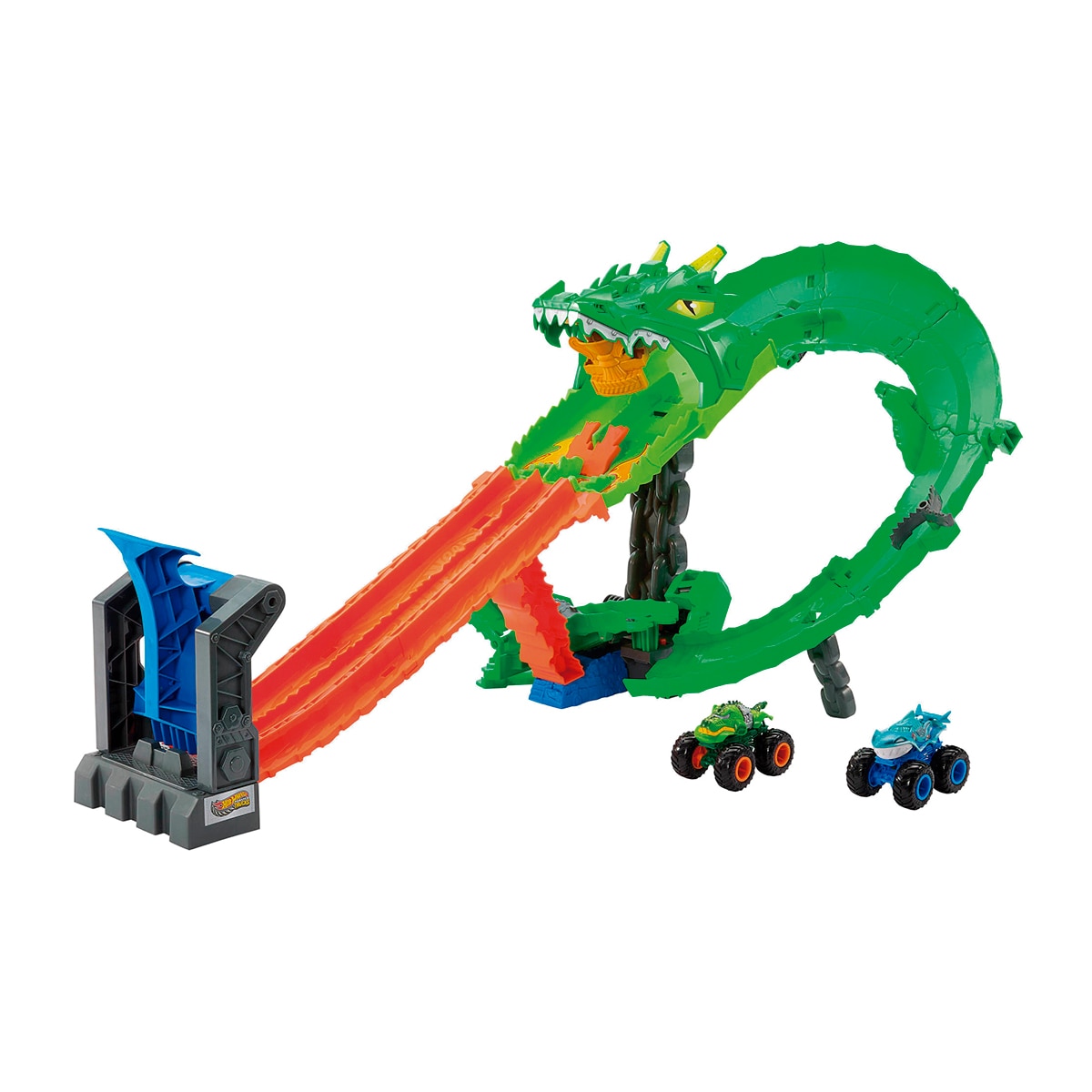 Hot Wheels – Pista MT Sharks vs. Dinos Destrucción del dragón Monster Trucks Hot Wheels.