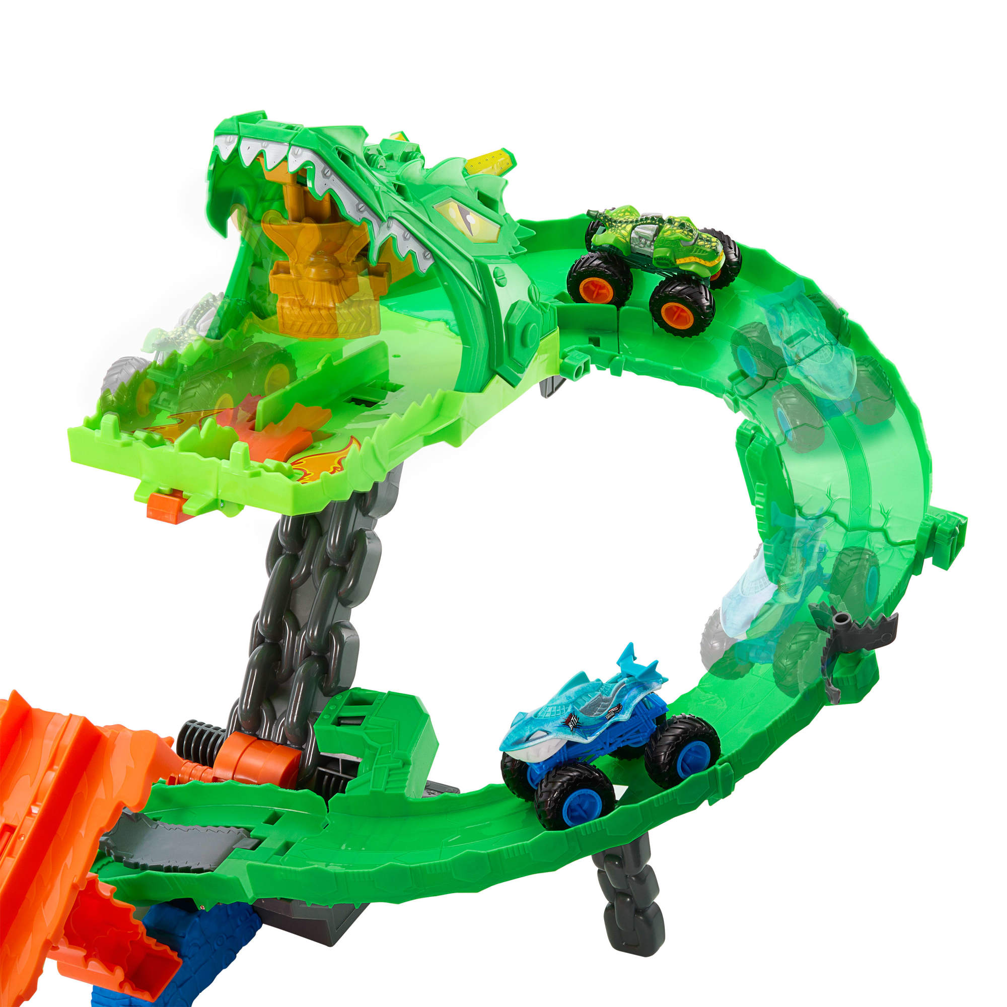 Pista MT Sharks vs. Dinos Destrucción del dragón Monster Trucks Hot Wheels 3