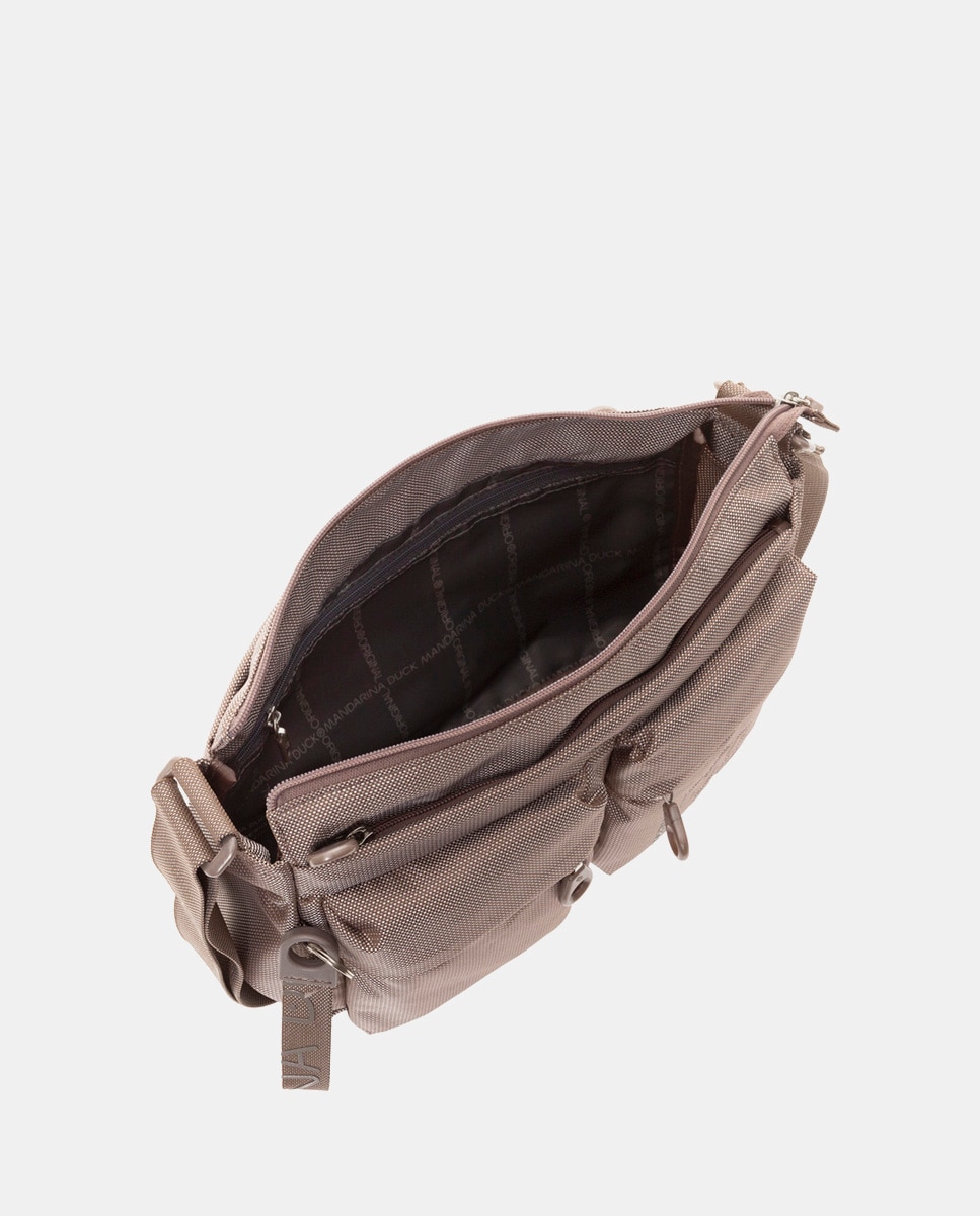 Mala a Tiracolo em Tecido Multibolsos Castanho-claro-5