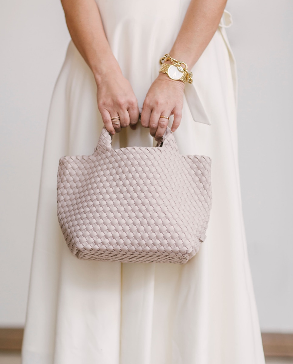 Mala Tipo Tote Pequena Entrançada com Alça de Tiracolo Amovível Rosa-7