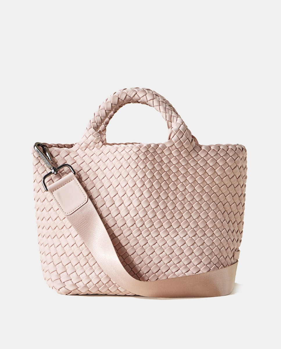 Mala Tipo Tote Pequena Entrançada com Alça de Tiracolo Amovível Rosa-9