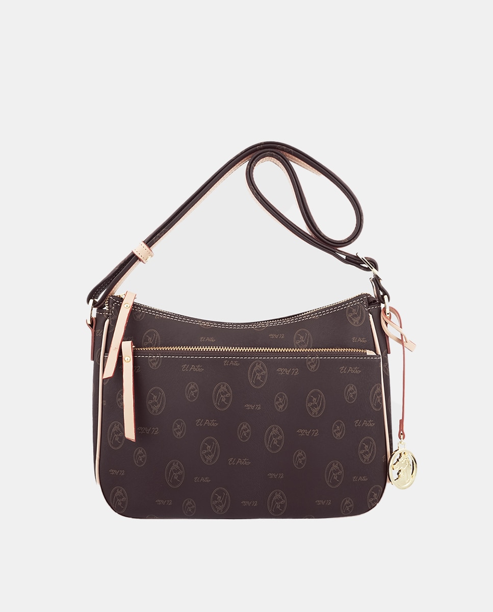 Mala a Tiracolo Média com Estampado de Logótipos e Bolso à Frente - Castanho Castanho-1